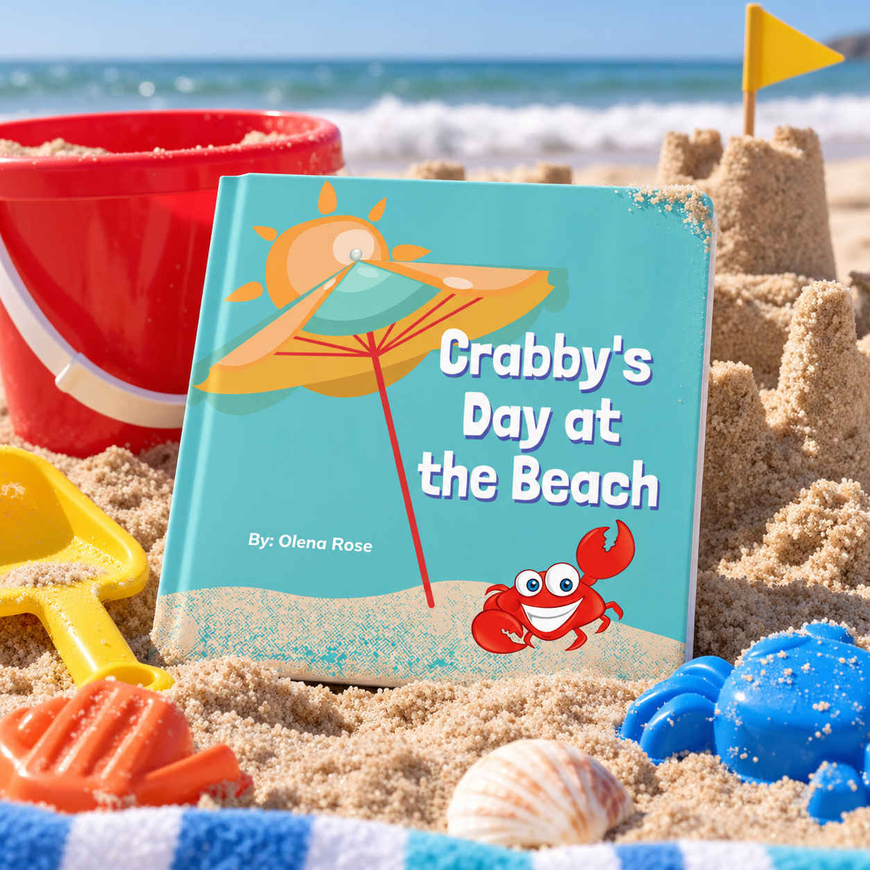 A children's book titled 'Crabby's Day at the Beach' by Olena Rose resting on sand surrounded by beach toys, a sandcastle, seashells, and ocean in the background.