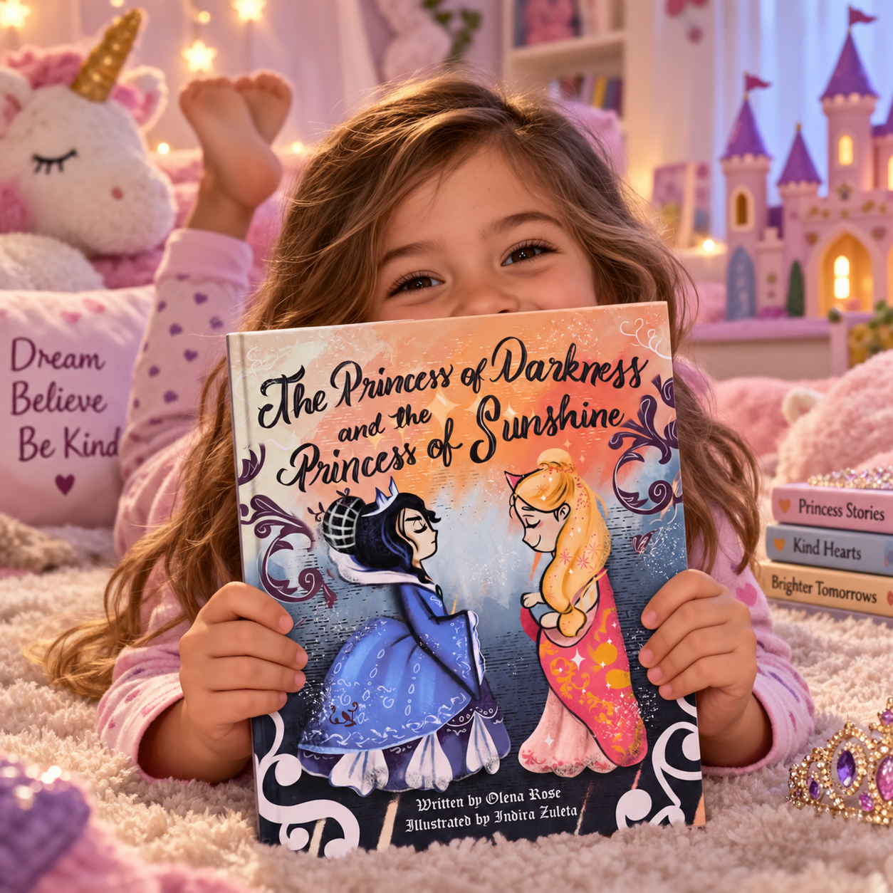 A young girl with long, wavy hair smiling and holding a colorful princess book titled "The Princess of Darkness and the Princess of Sunshine" in a decorated bedroom with plush toys, fairy lights, and a pink castle backdrop.