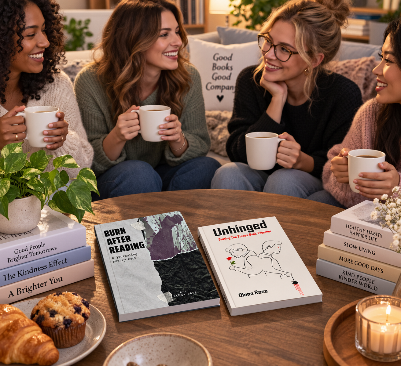 Four women sitting around a table, smiling and holding white mugs, enjoying a cozy gathering. The table has books, baked goods, a potted plant, and a lit candle.