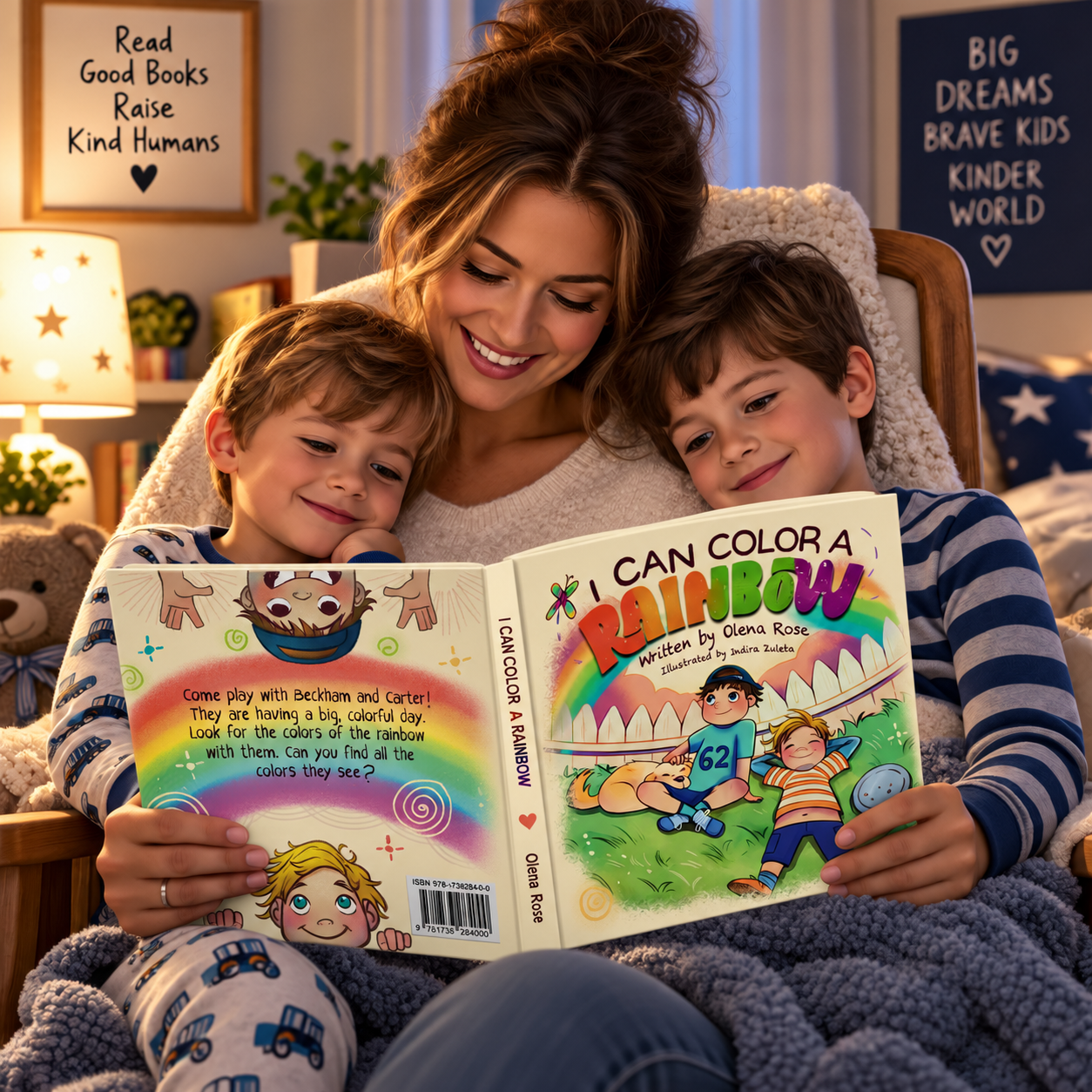 A woman and two young boys sitting together on a bed, reading a colorful children's book titled 'I CAN COLOR A RAINBOW'. The background shows cozy room decor with inspirational posters and a lamp.