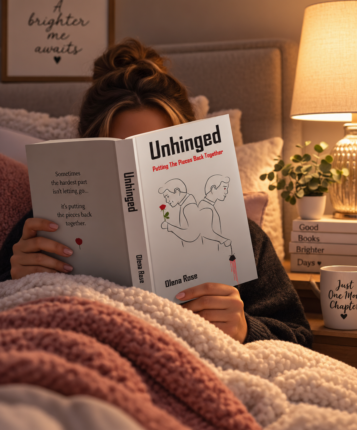 Person reading a book titled 'Unhinged' in a cozy bedroom with warm lighting, a lamp, a plant, and stacked books on a nightstand, with a blanket partially covering them.