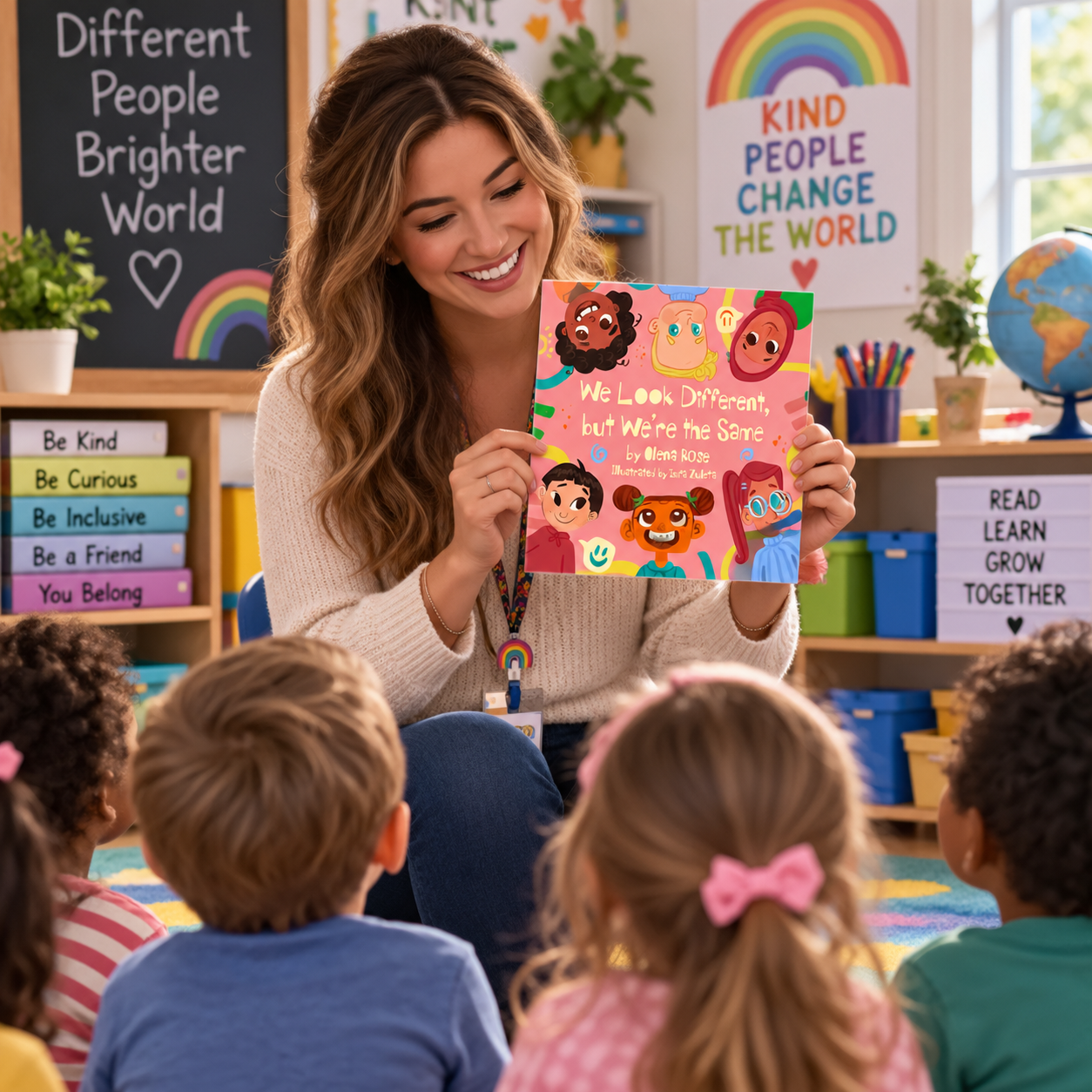 A woman reading a children's book titled "We Look Different, but We're the Same" to a group of children in a classroom. The classroom has colorful decorations, including a rainbow sign that says "Kind People Change the World," a globe, and various po