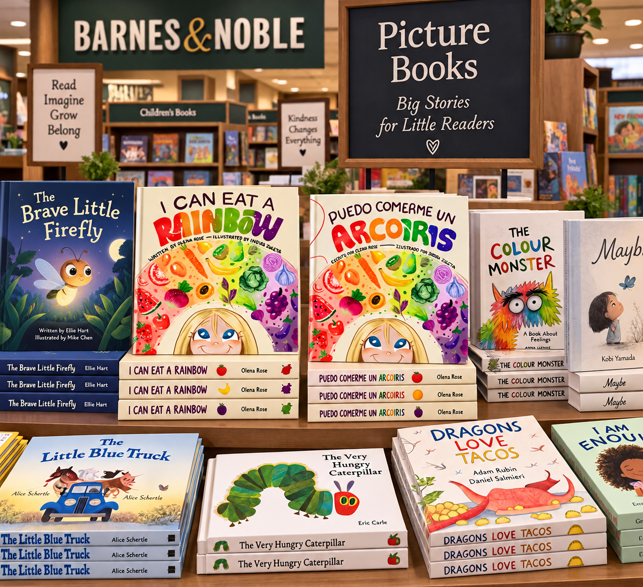 Display of children's books on a bookstore table, featuring titles like 'The Brave Little Firefly,' 'I Can Eat a Rainbow,' 'The Colour Monster,' and 'Dragons Love Tacos.'
