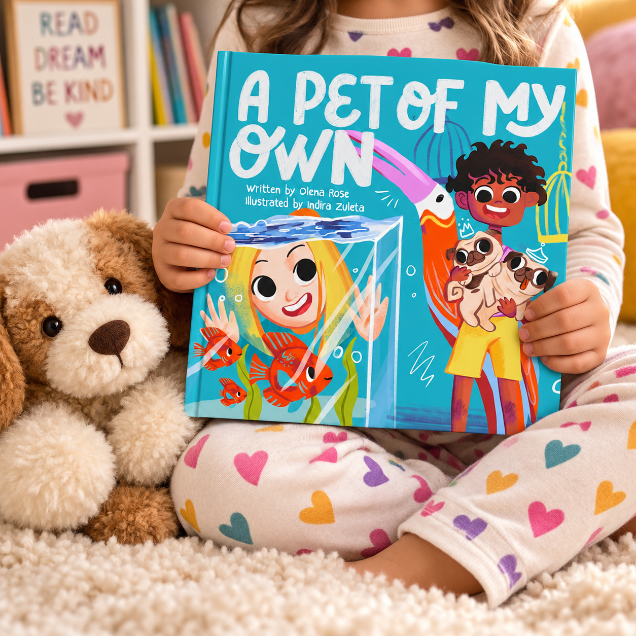 A young girl sitting on a fluffy rug, holding a colorful children's book titled 'A Petoftheir Own,' with a plush teddy bear beside her. She is wearing pajama pants with multicolored hearts. The background shows a bookshelf with books and a decorative