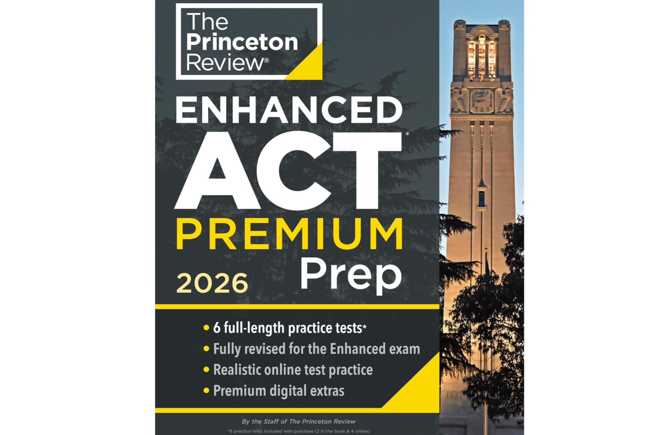 Princeton Review Enhanced ACT Premium Prep 2026 book cover featuring six full-length practice tests, updated Enhanced ACT content, online practice, and digital extras.