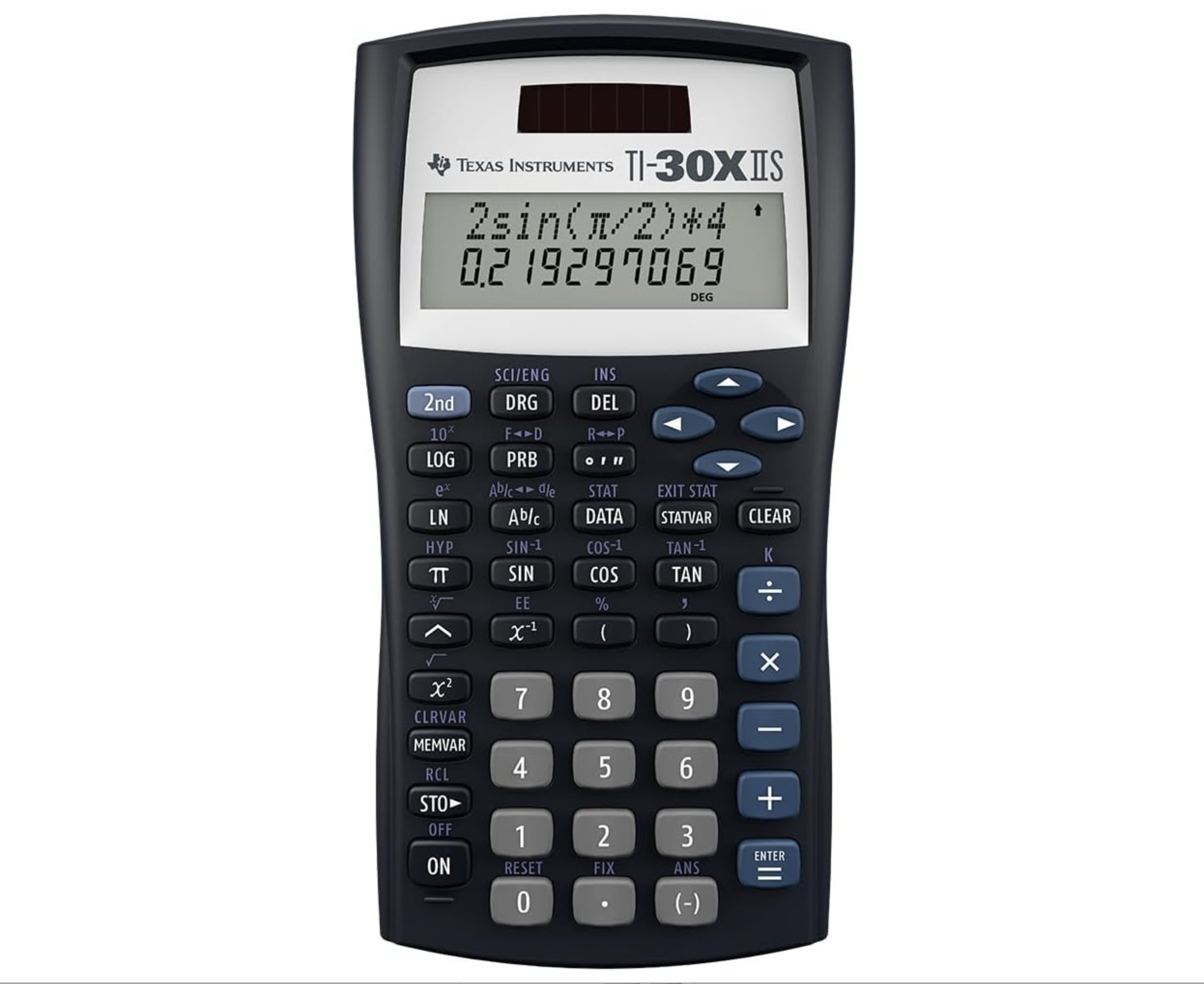 TI-30XIIS scientific calculator with two-line display, fraction functions, and scientific notation keys.