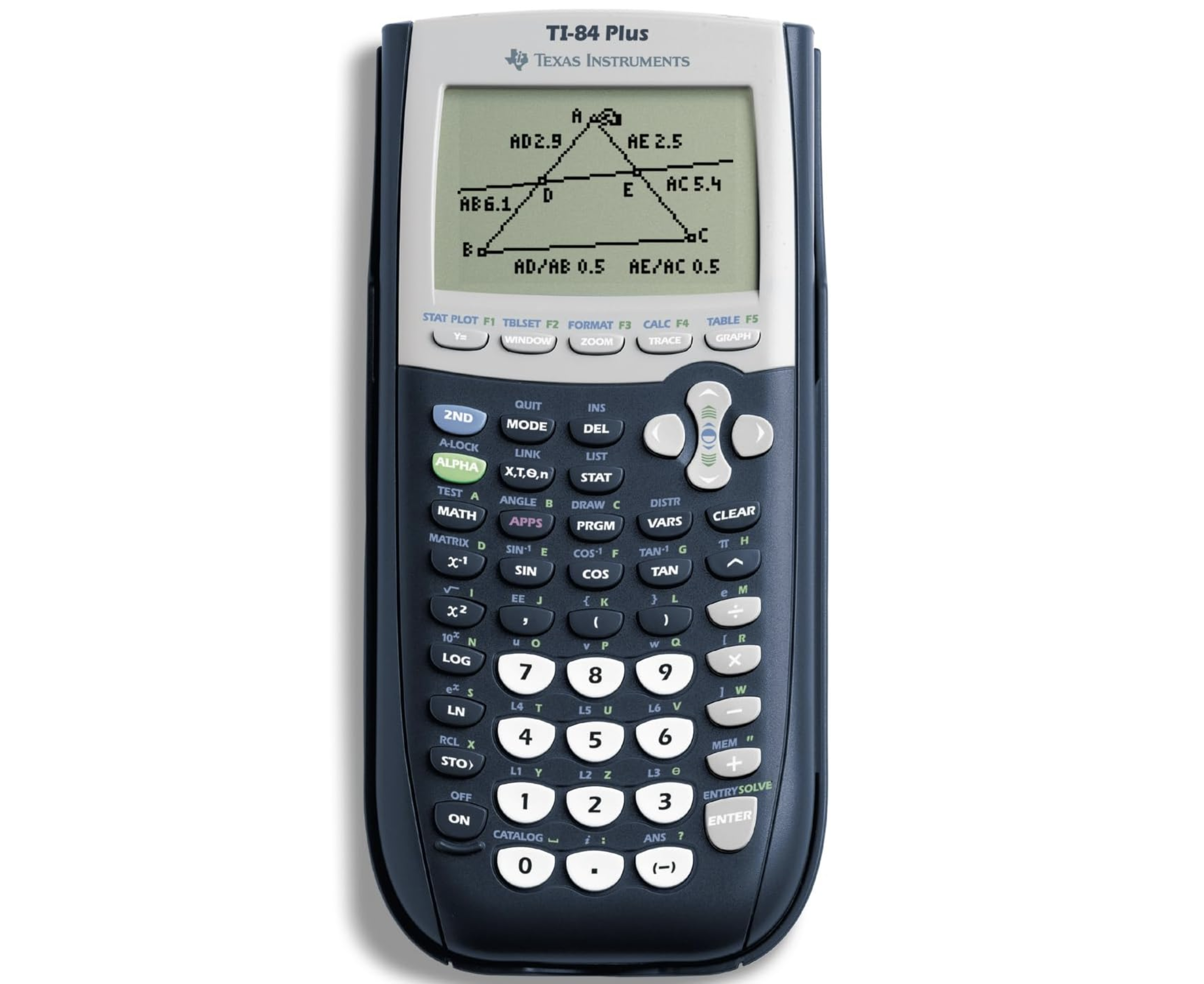 TI-84 Plus graphing calculator with monochrome display, graphing keys, and numeric keypad.