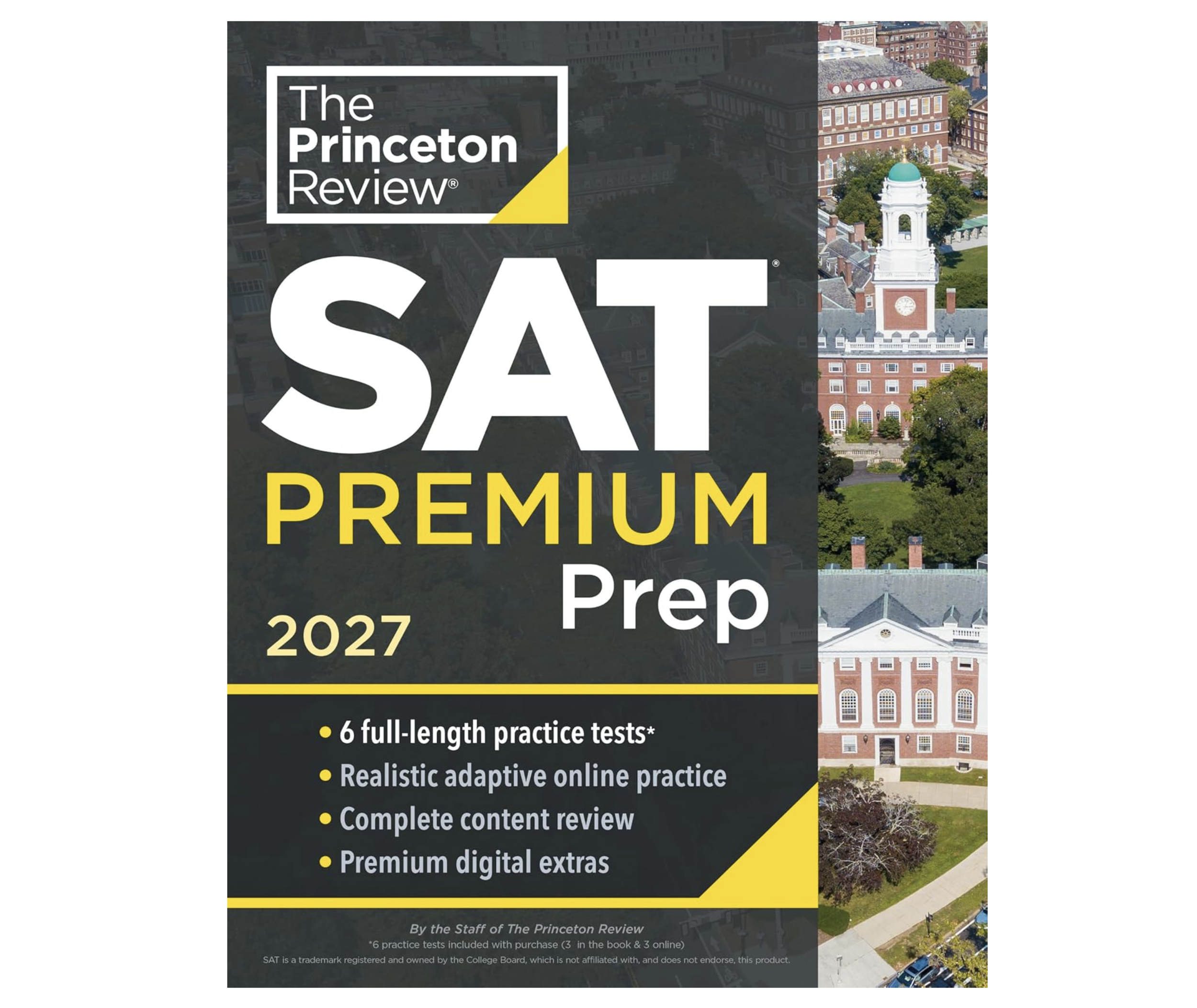 Princeton Review SAT Premium Prep 2027 study guide featuring 6 full-length practice tests, adaptive online practice, content review, and premium digital resources.