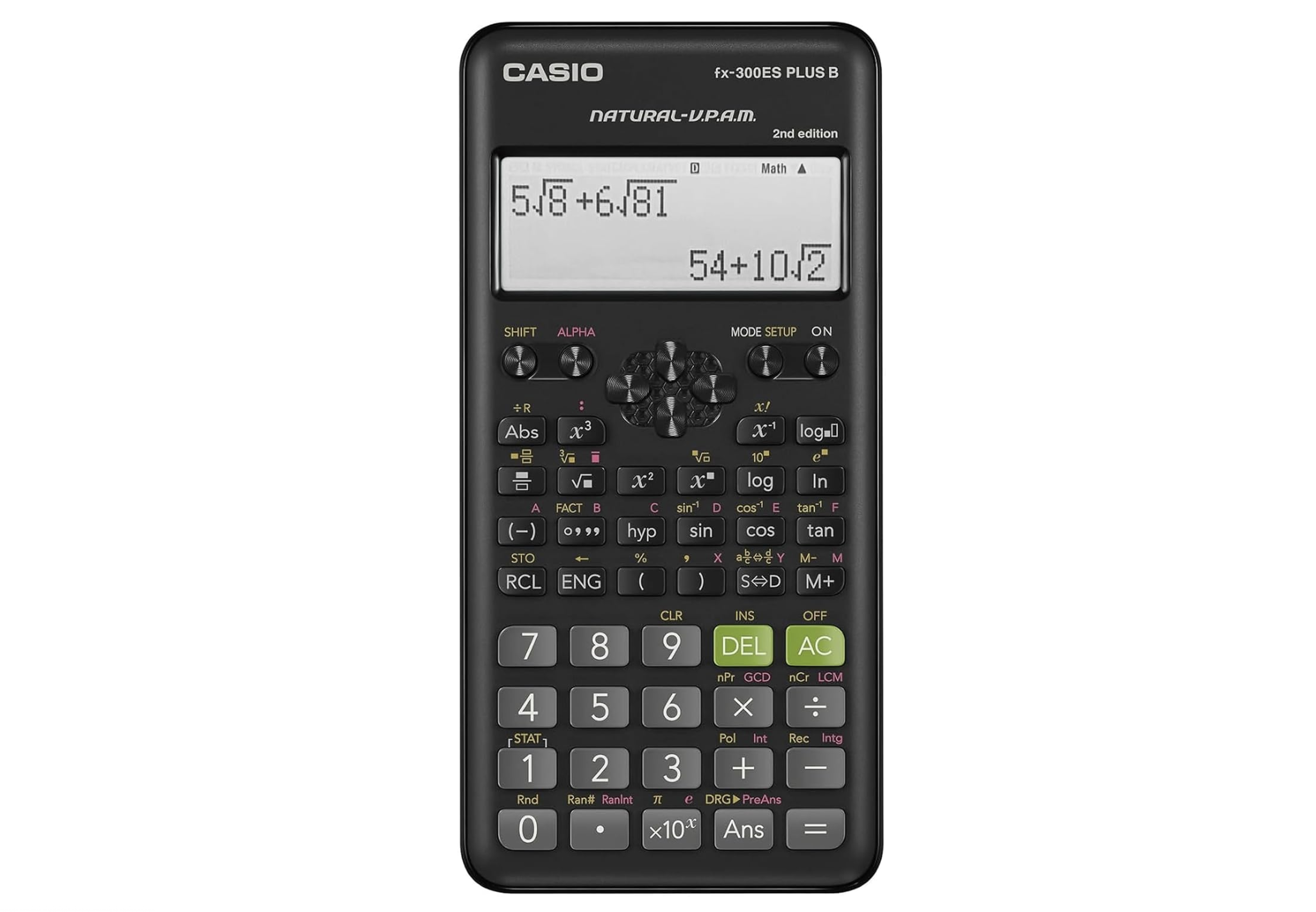 Casio fx-300ES PLUS B 2nd Edition scientific calculator with Natural Textbook Display showing radical expressions.