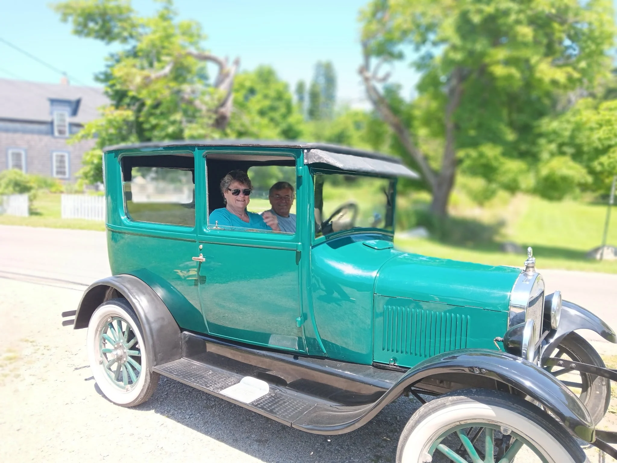 Returning home with the 1926 Model T 2-door sedan and Pinny Beebe-Center after a tour around the island.