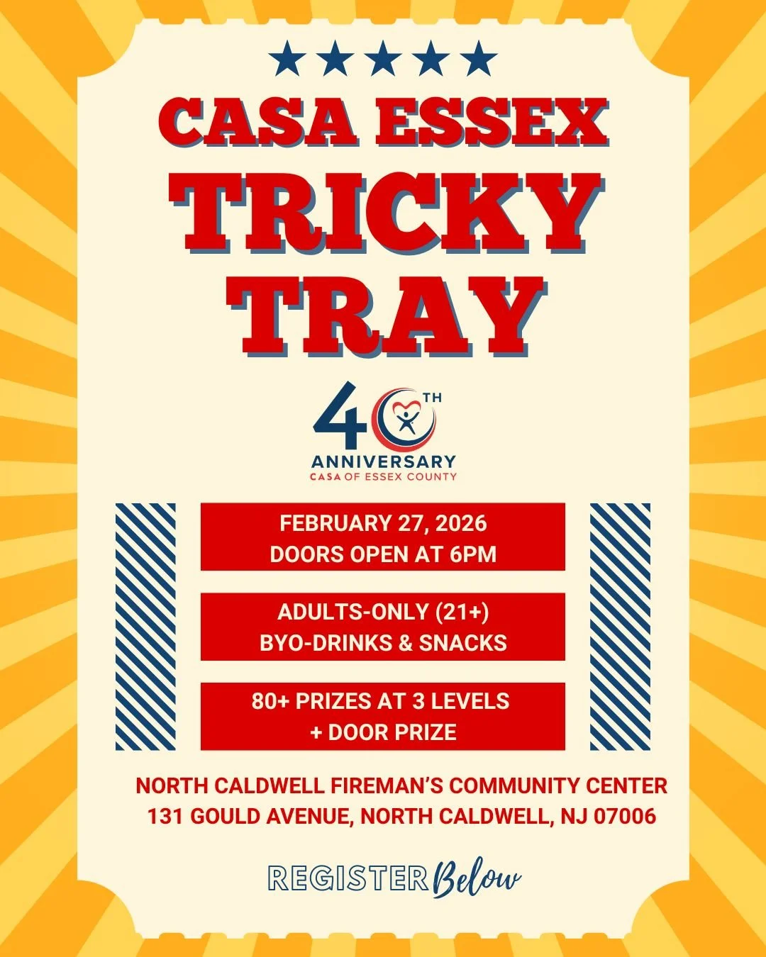 A fun night out with a purpose! Join CASA Essex for our Tricky Tray on February 27 &mdash; prizes, community, and a great cause all in one night.

Bring a friend. Bring a snack. Bring your lucky streak.

Tickets are on sale now www.casaessex.org/tric