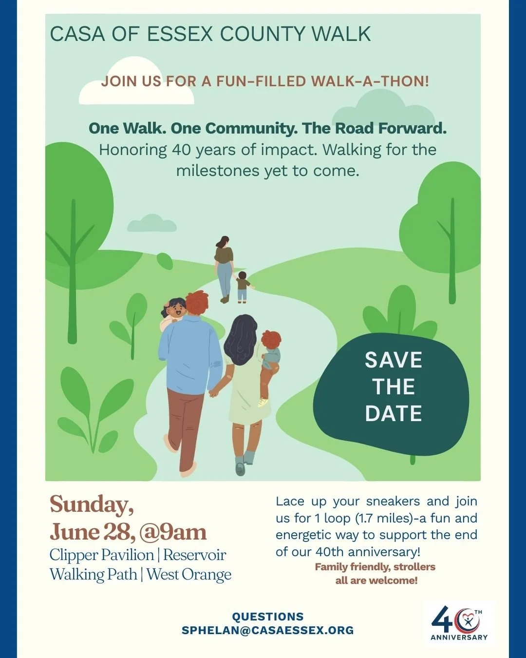 SAVE THE DATE -- 6/28/26!! One Walk. One Community. The Road Forward.

This June, help us close out CASA Essex&rsquo;s 40th anniversary with a joyful community walk celebrating impact, connection, and what&rsquo;s next.

One loop. Big meaning. All ar