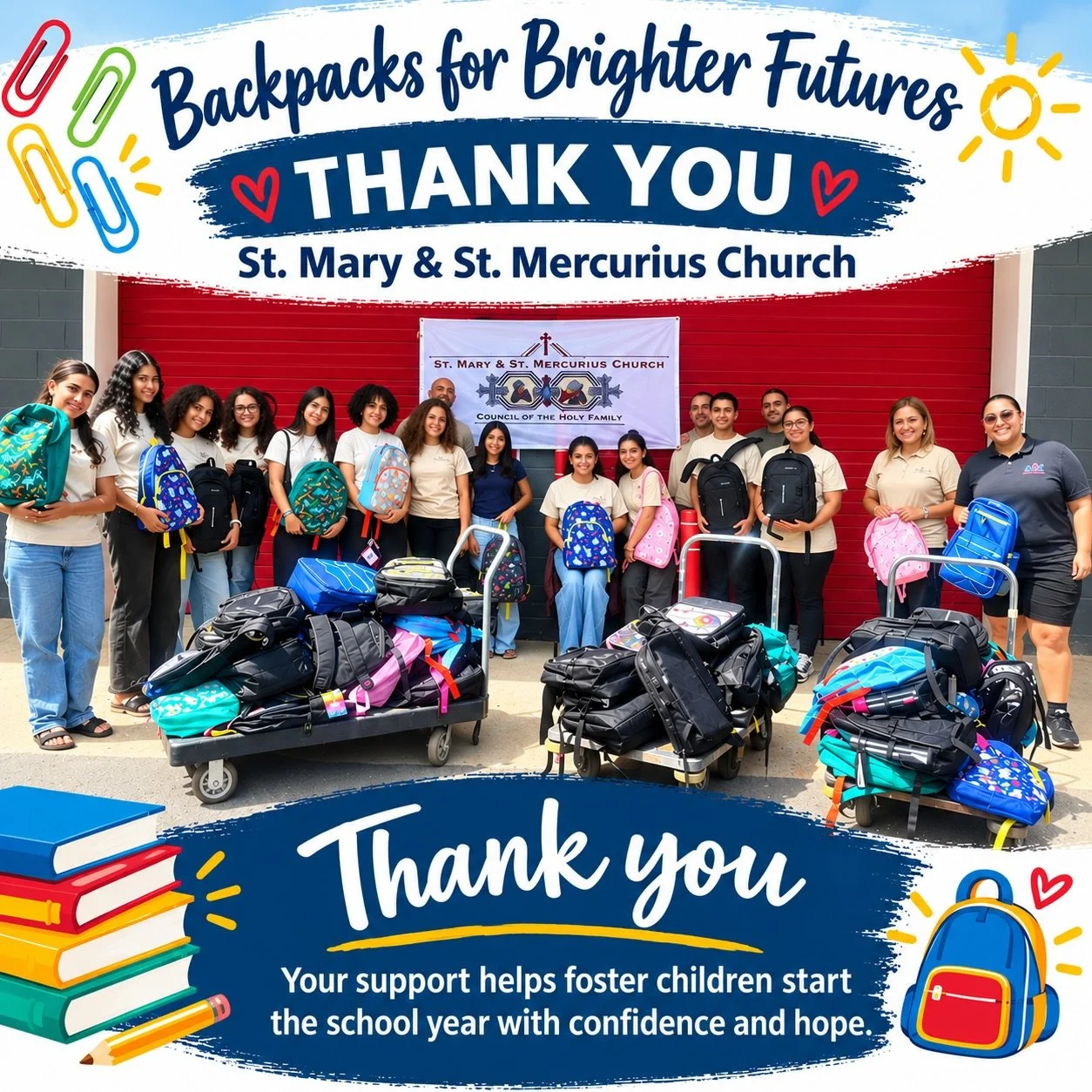 A HUGE thank you to St. Mary &amp; St. Mercurius Church for helping our kids head back to school ready for a bright year ahead!
 
For Essex County children placed in foster care, having what they need on the first day of school is about more than sup