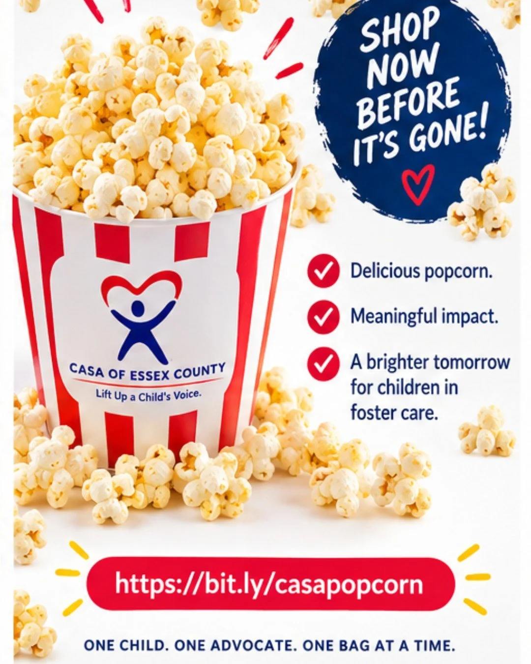 🍿 LAST CALL FOR POPCORN! 🍿

Today is the FINAL DAY of our Popcorn Sale, but there&rsquo;s still time to get yours!

Stock up on your favorites, send a bag to a friend, or grab a few for movie night. Every purchase helps support CASA Essex and our w