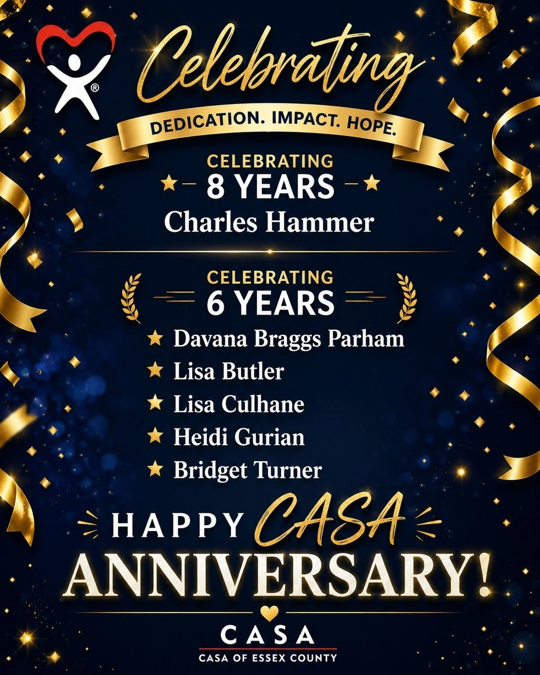 Consistency is at the heart of what CASA is all about and these anniversaries are worth celebrating!

Year after year, these six advocates have given their time, energy, and heart to this work. Through every visit, phone call, court report, conversat