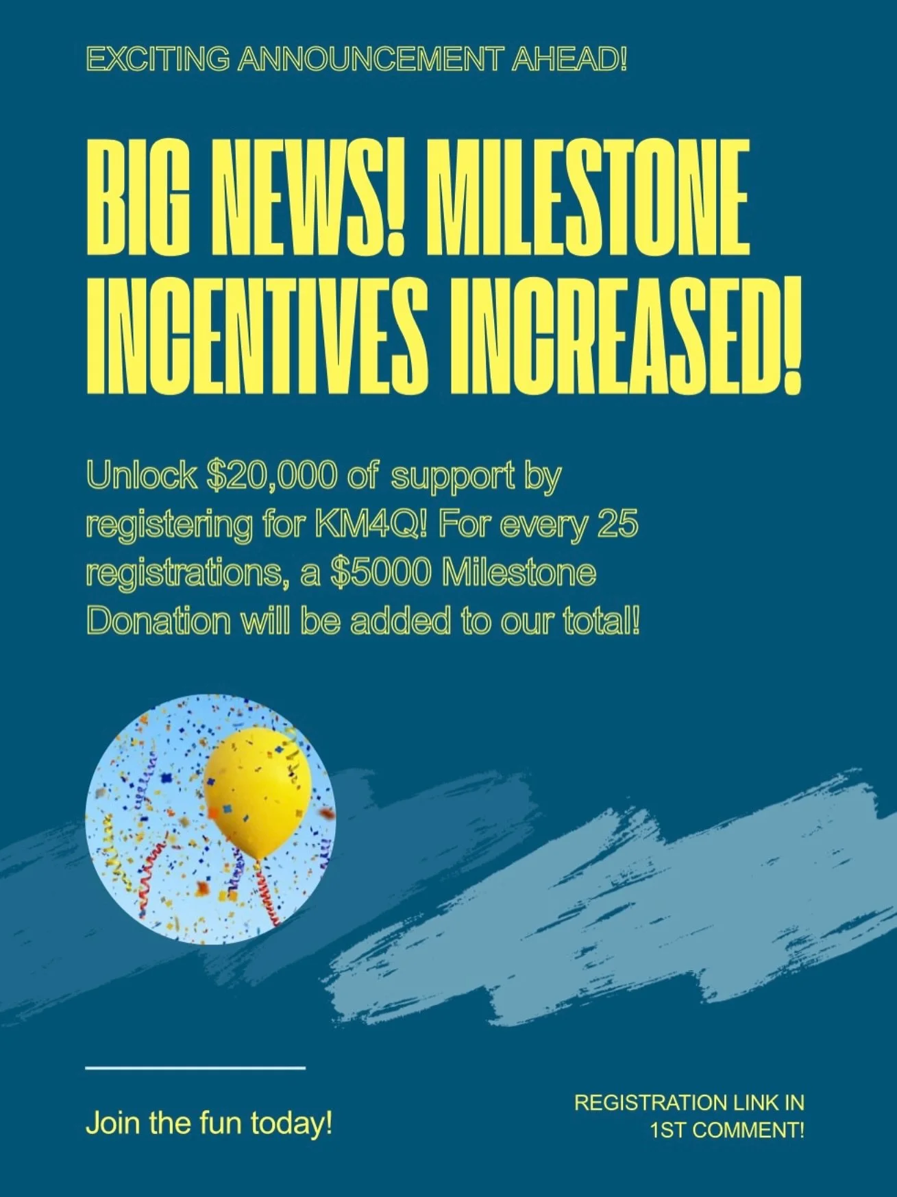 🎉BIG NEWS, everyone!🎉
Thanks to our amazing milestone donors, we're upping the ante! For every 25 registrations for our Kilometers for Quito event, we're unlocking a whopping $5000! That's right, we've got $20,000 just waiting to be unleashed once 