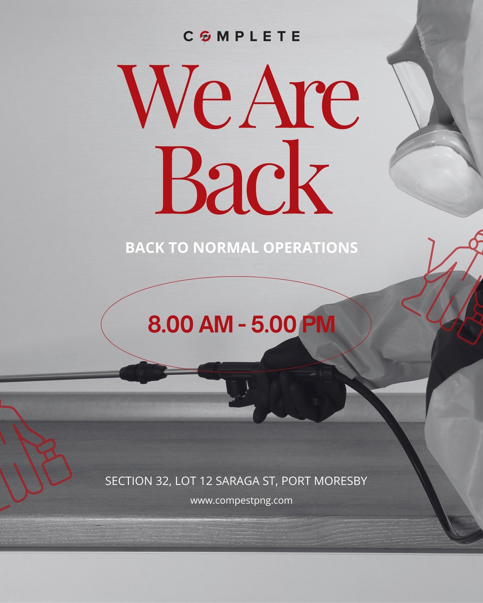 We're back! 💪

The Complete Pest Control team has returned from the holidays.

Normal operating hours have resumed, and our technicians are out in Port Moresby and Lae doing what they do best &ndash; keeping your property pest free.

Got a pest prob