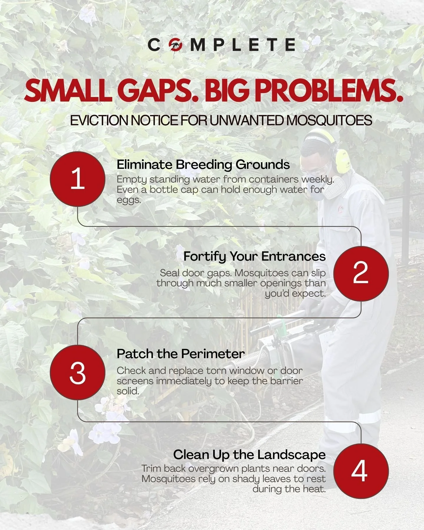 Mosquitoes multiply fast, but getting rid of them doesn't have to be complicated. Here are four ways to cut down the population around your home or business.

+675 323 0111 | info@compestpng.com

#MosquitoControl