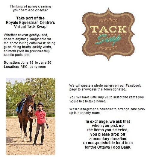 Tack Swap!!! Donate your child&rsquo;s outgrown riding clothing and equipment to benefit the Ottawa Food Bank. 
We will be accepting donations for:

Grooming kits/brushes 
Saddle Pads
Riding Clothing &amp; Equipment 
We will then host a virtual swap 