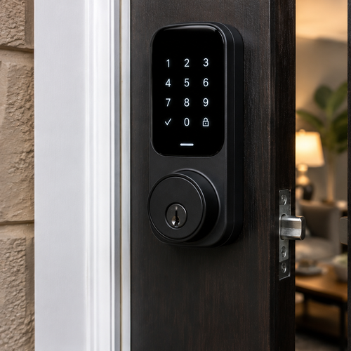 contemporary smart lock installed on modern front door