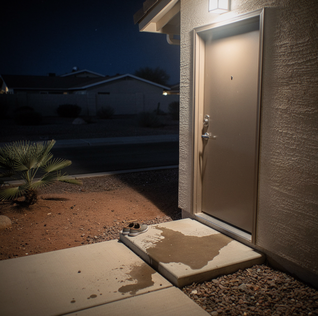 dim porch light illuminating locked front door at night