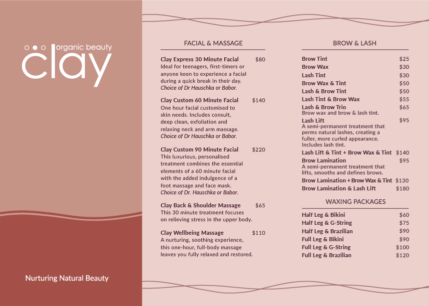 A beauty salon menu for manicures, pedicures, facials, waxing, and nail services with a QR code for booking. The menu features floral graphics and contact information, with pricing for various treatments.