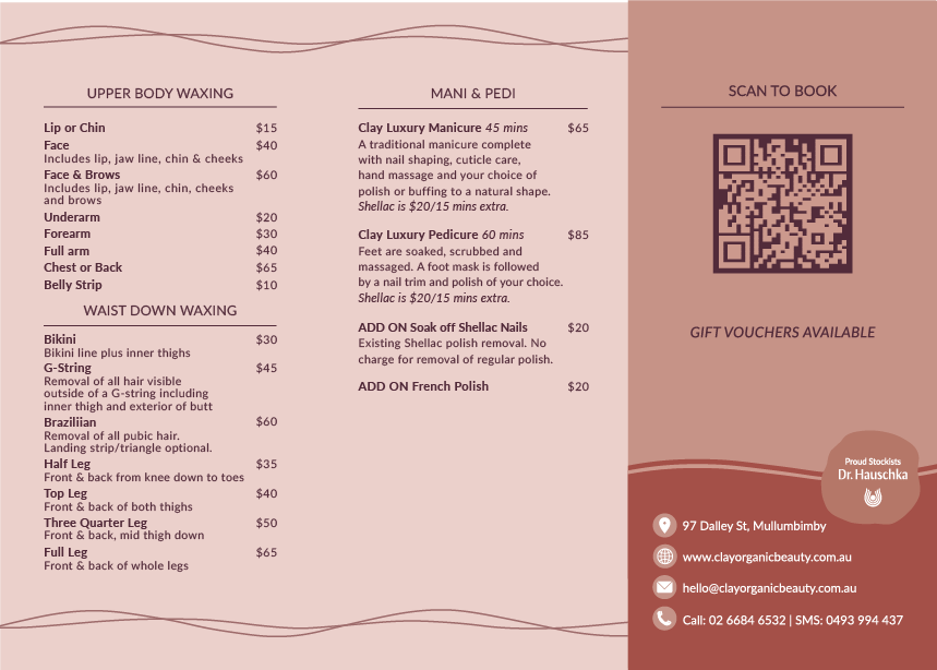 A beauty salon menu for manicures, pedicures, facials, waxing, and nail services with a QR code for booking. The menu features floral graphics and contact information, with pricing for various treatments.