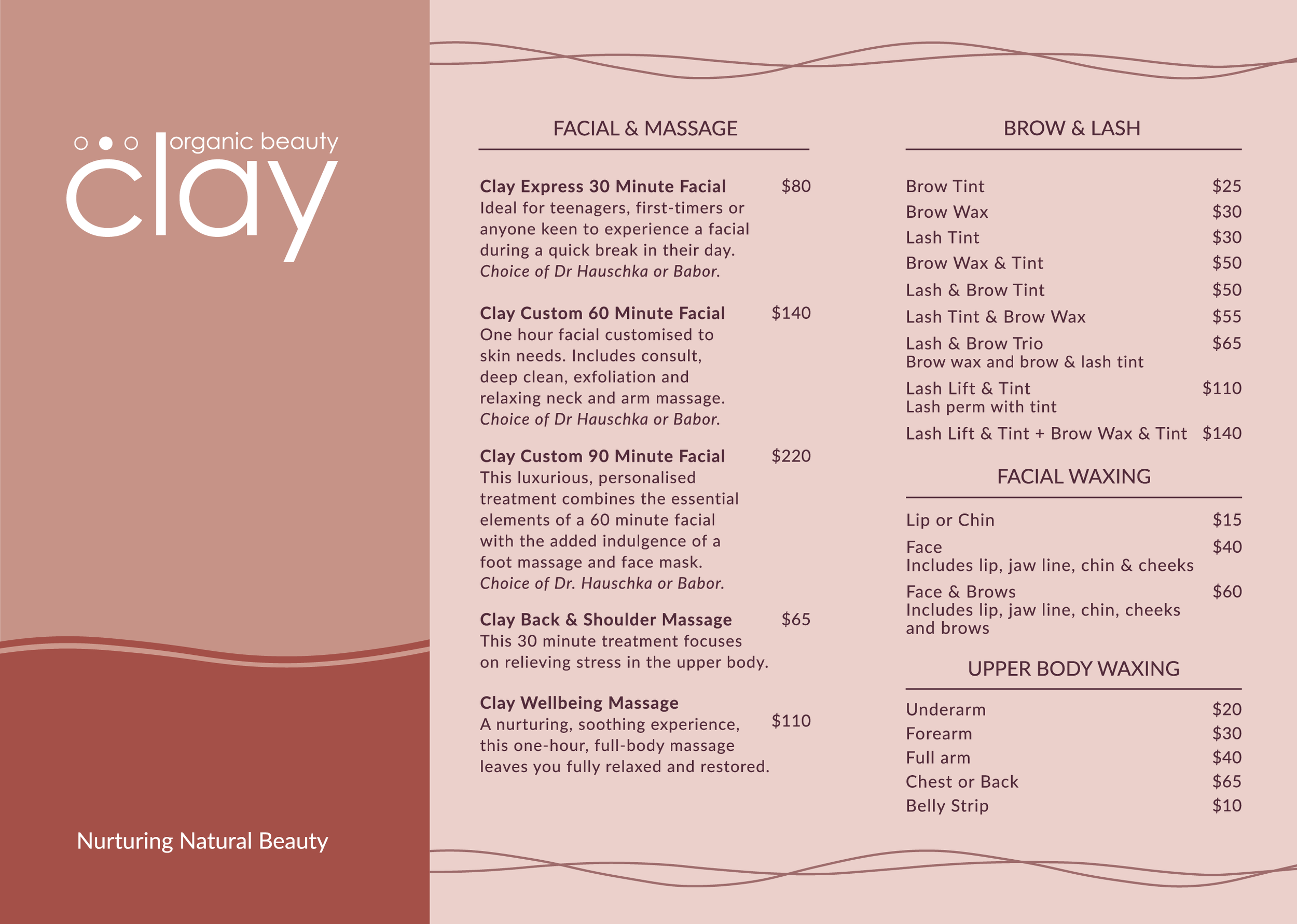 A beauty salon menu for manicures, pedicures, facials, waxing, and nail services with a QR code for booking. The menu features floral graphics and contact information, with pricing for various treatments.