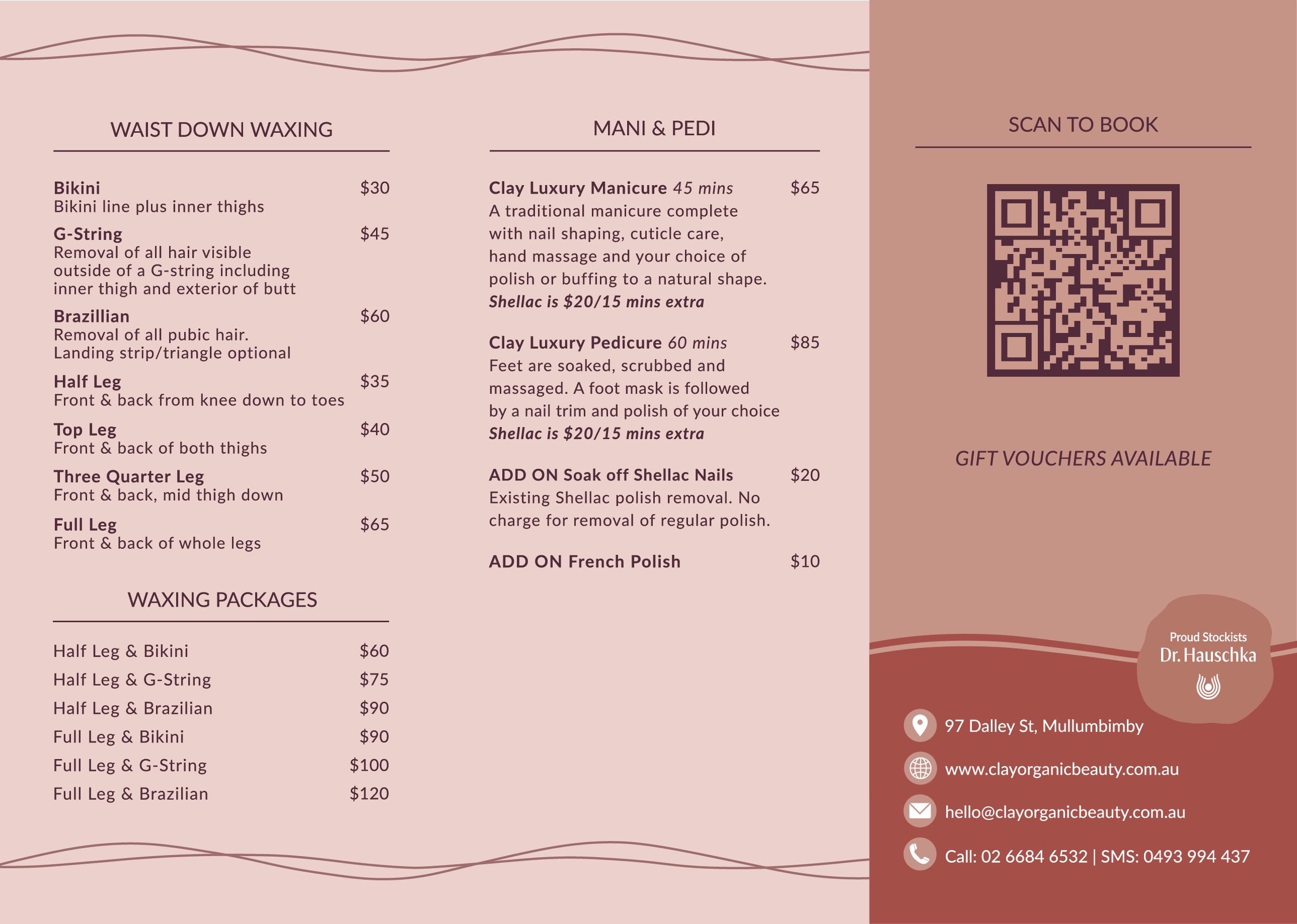 A beauty salon menu for manicures, pedicures, facials, waxing, and nail services with a QR code for booking. The menu features floral graphics and contact information, with pricing for various treatments.