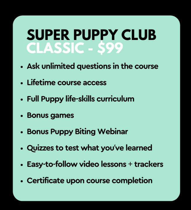 Taple describing the Super Puppy Club course for $99, listing features like unlimited questions, lifetime access, puppy life-skills curriculum, bonus games, a webinar, quizzes, video lessons with trackers, and a certificate upon completion.
