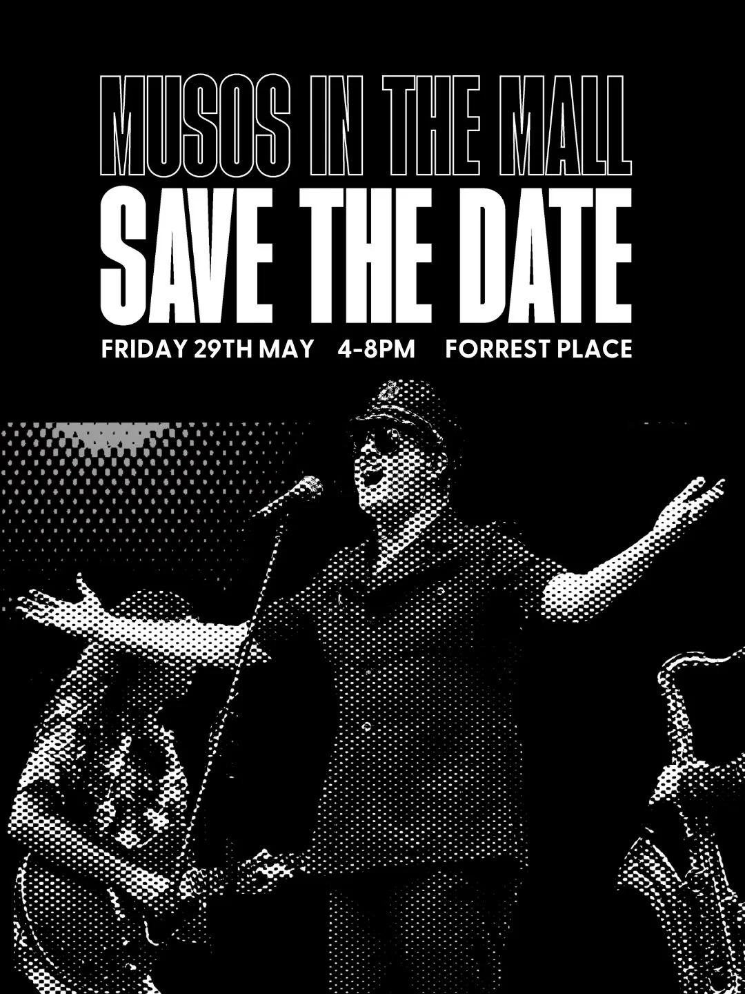 Our flagship music event is back as Musos in the Mall returns in 2026.

Save the date: Friday 29 May | 4&ndash;8pm | Forrest Place

For one evening, the heart of the city shifts tempo. Emerging WA artists, live music, after-work energy meets long wee