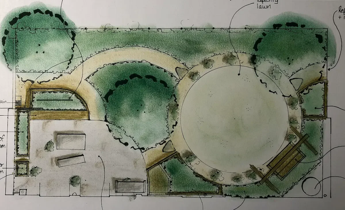 Concept drawing of curvilinear design by Anna Sissons Garden Design