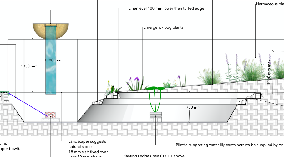 Construction Drawing for wildlife pond by Anna Sissons garden design