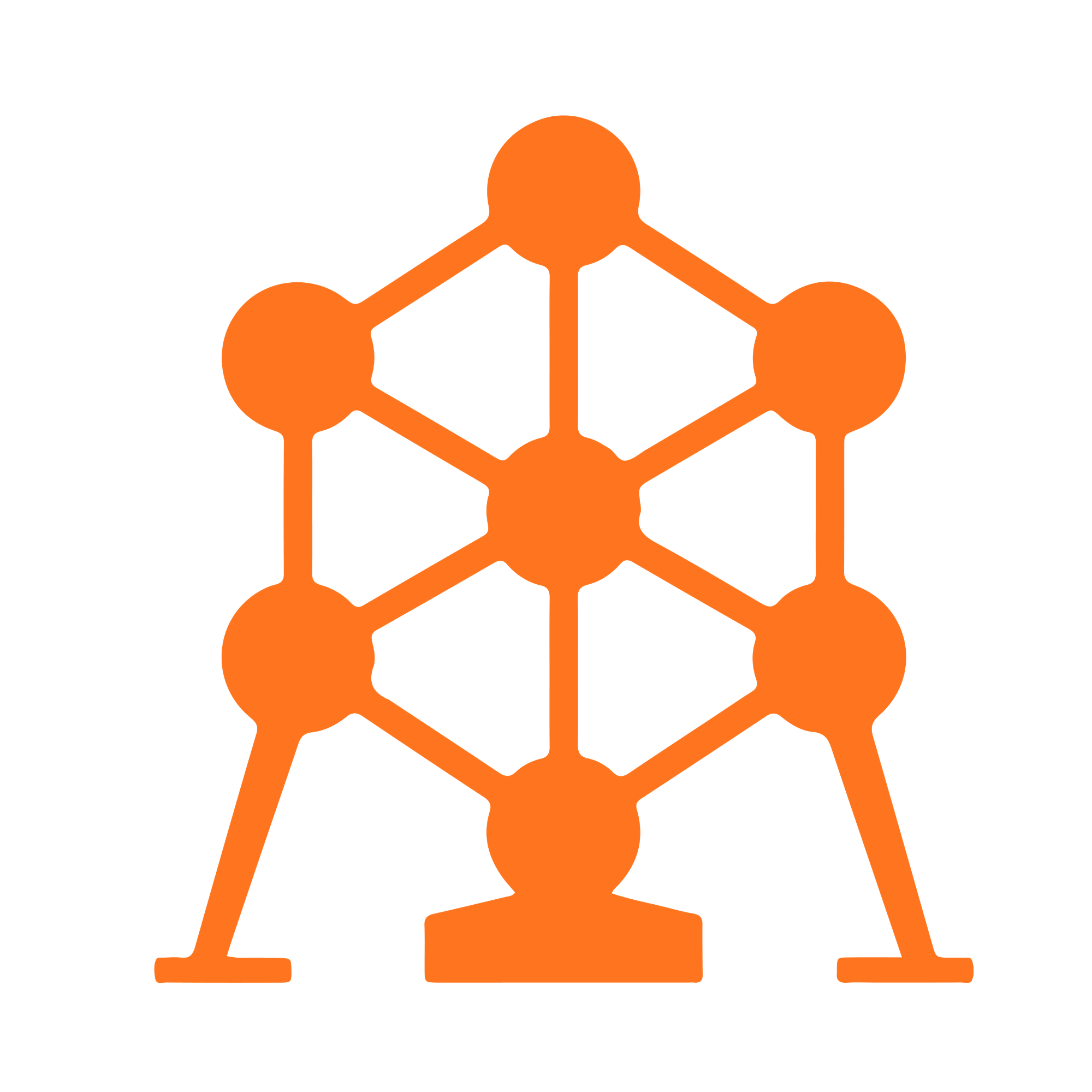 An orange icon representing the Atomium in Brussel