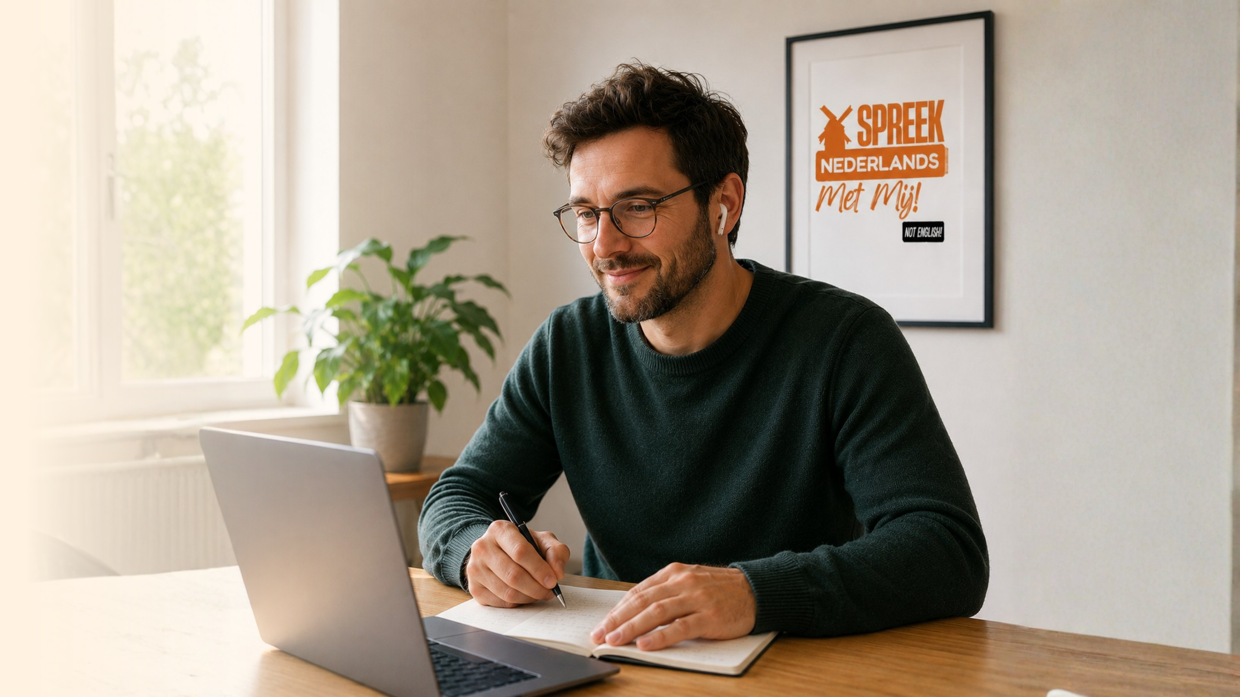 A 30+ dutch language student listening into a Dutch language lesson from his laptop as he sit at a table in his home. A sunny window to his left. Behind him on the wall a framed poster reads "Spreek Nedelrands met Mij, not English"