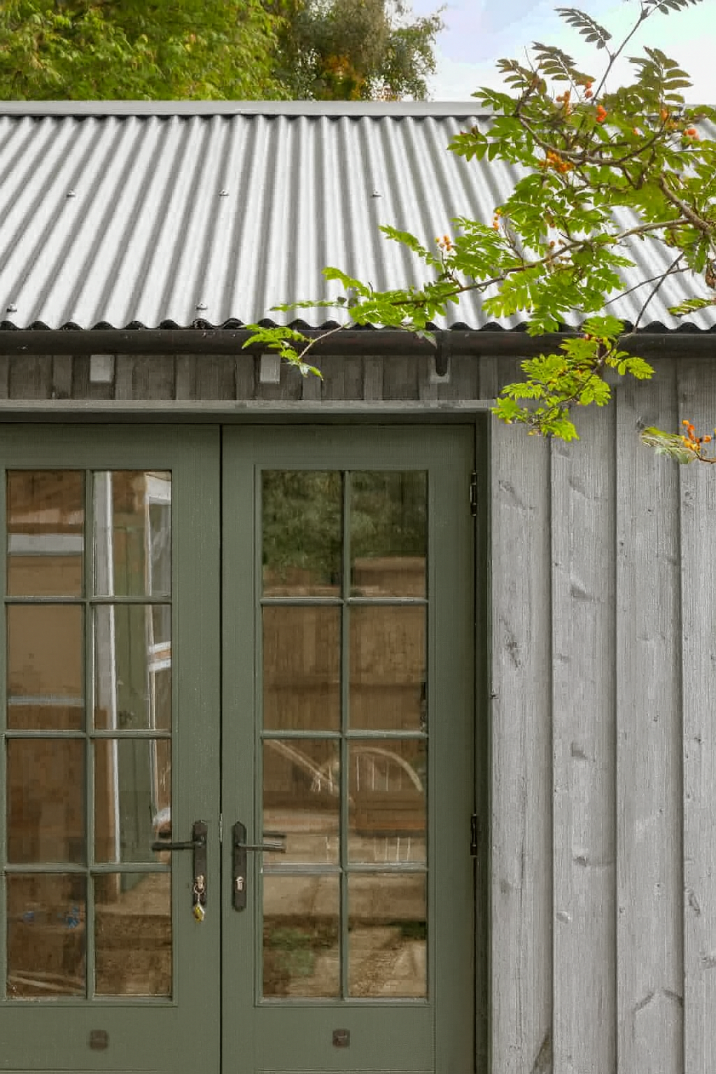 Green double glass doors with metal handles on a porch with a wooden wall and corrugated metal roof, and a tree with green leaves and small orange berries nearby.