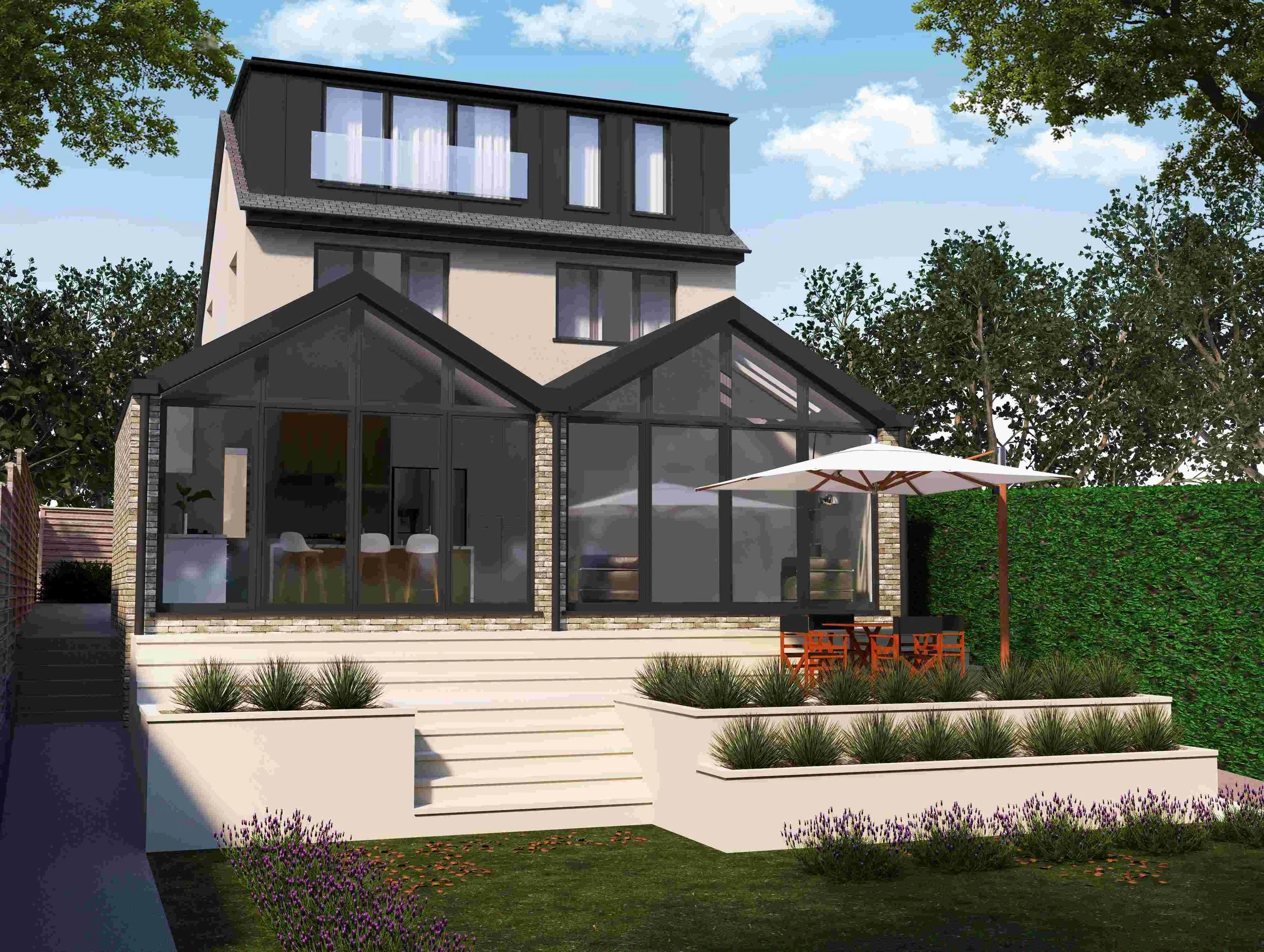 Modern multi-story house with a glass enclosed patio, outdoor dining area with umbrella, and landscaped garden with stairs and plants.