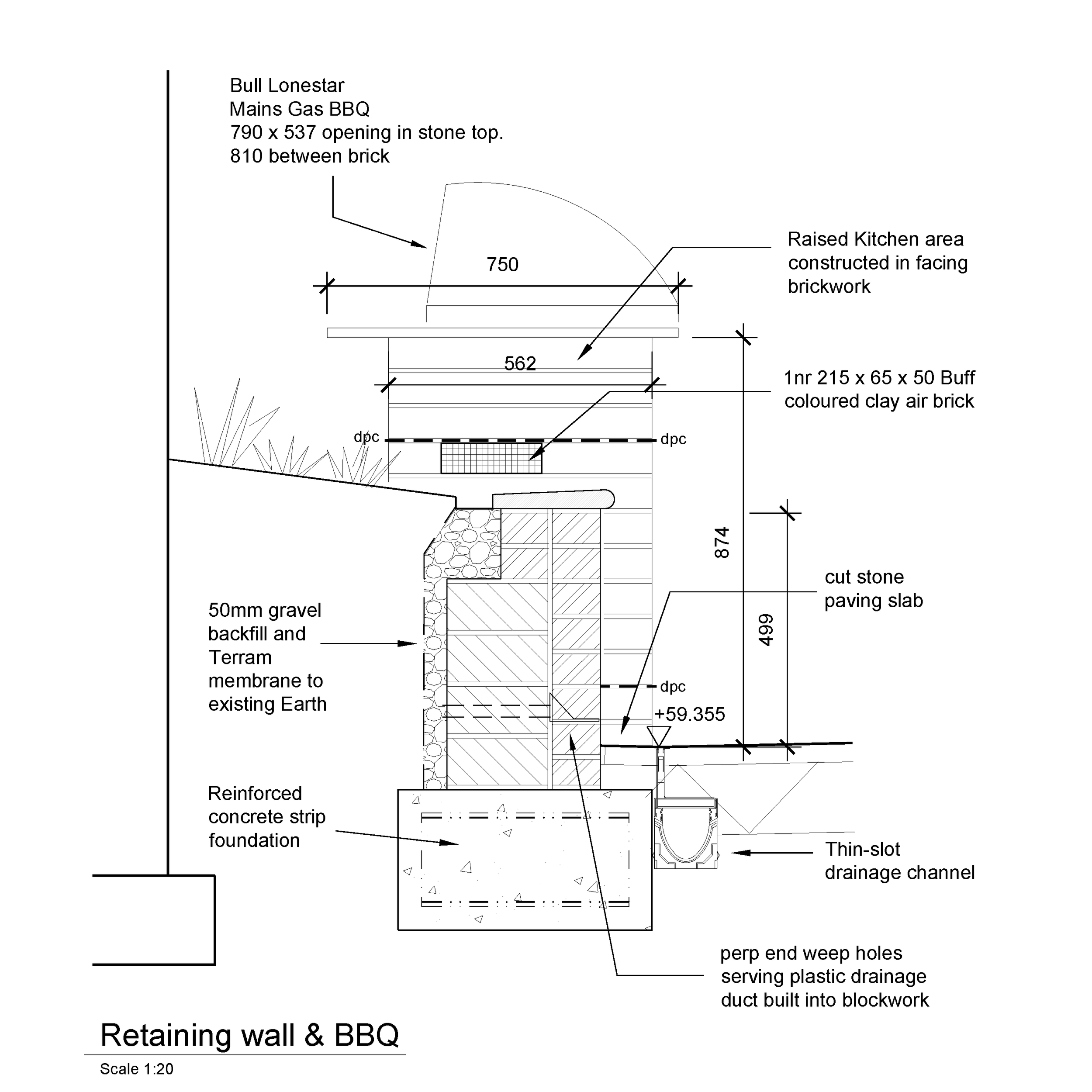 KD Design retaining wall and barbecue construction detail