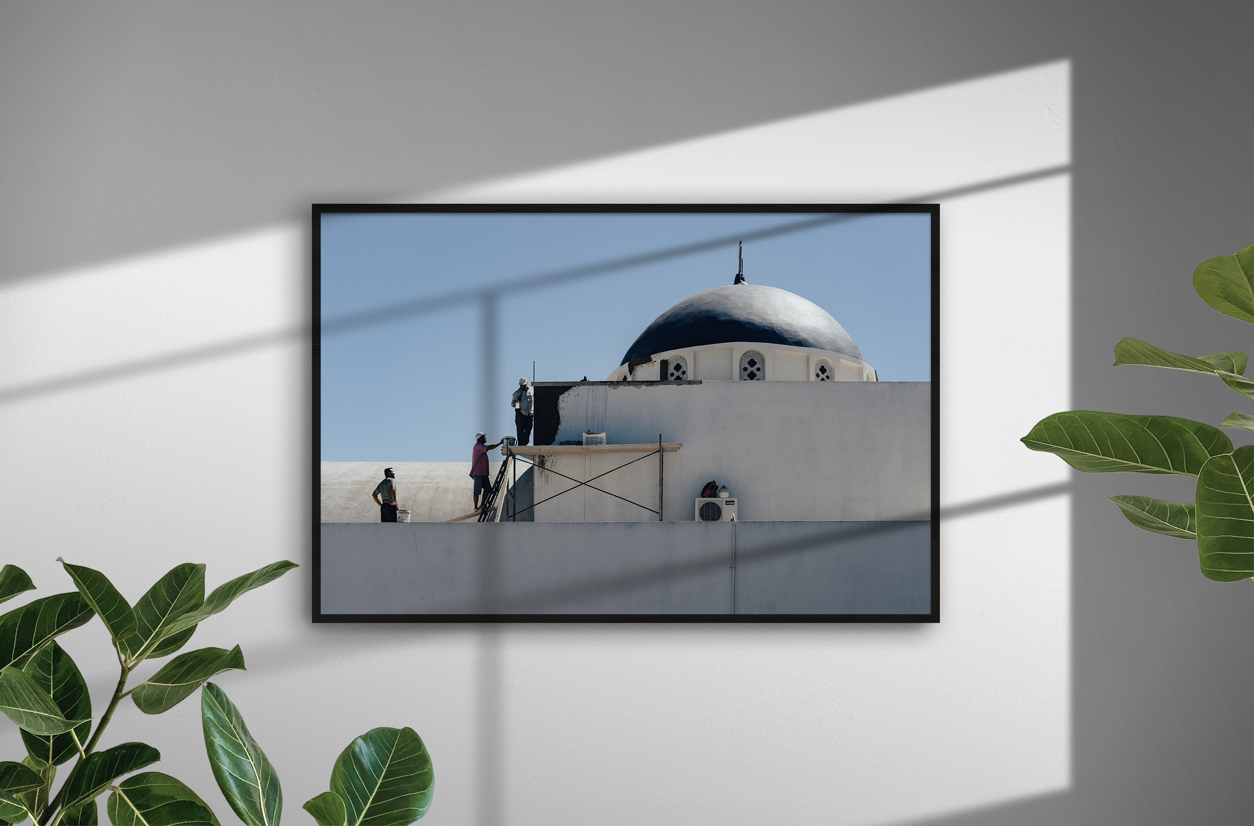 santorini blue domed church fine art travel photography framed print