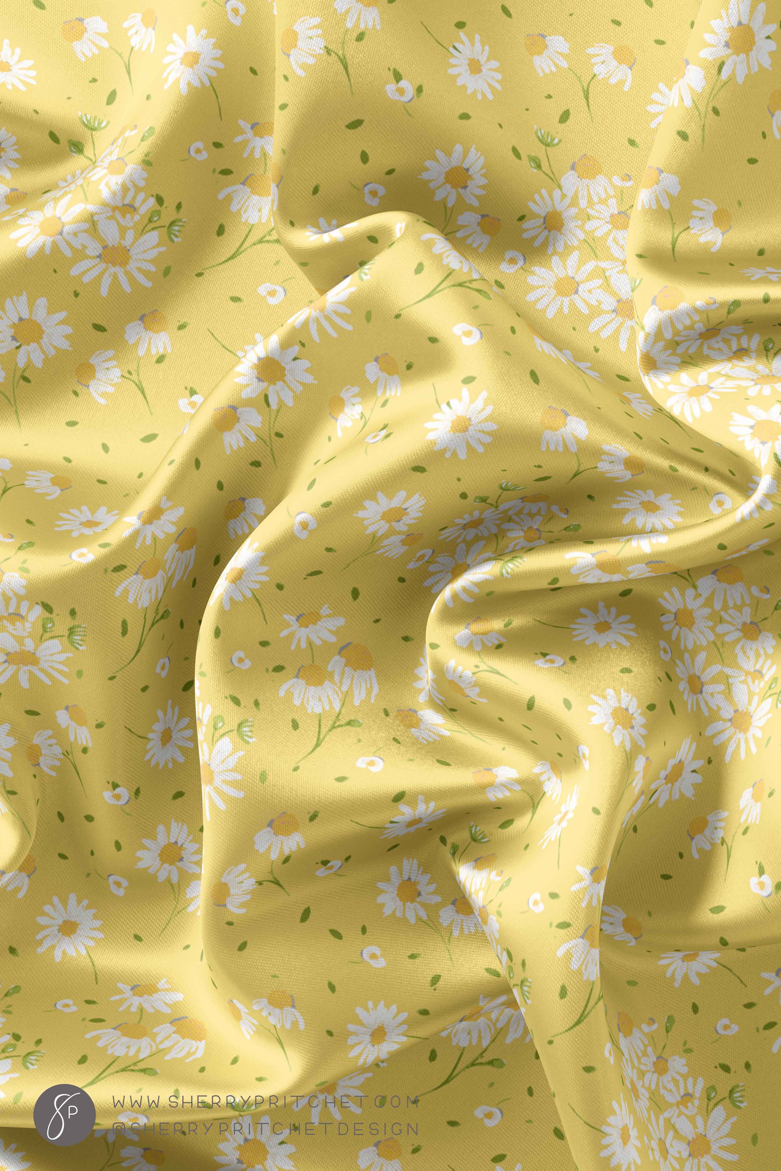 SM12322B - Falling Daisy Lemon Yellow - silk fabric mock up 3 2.jpg