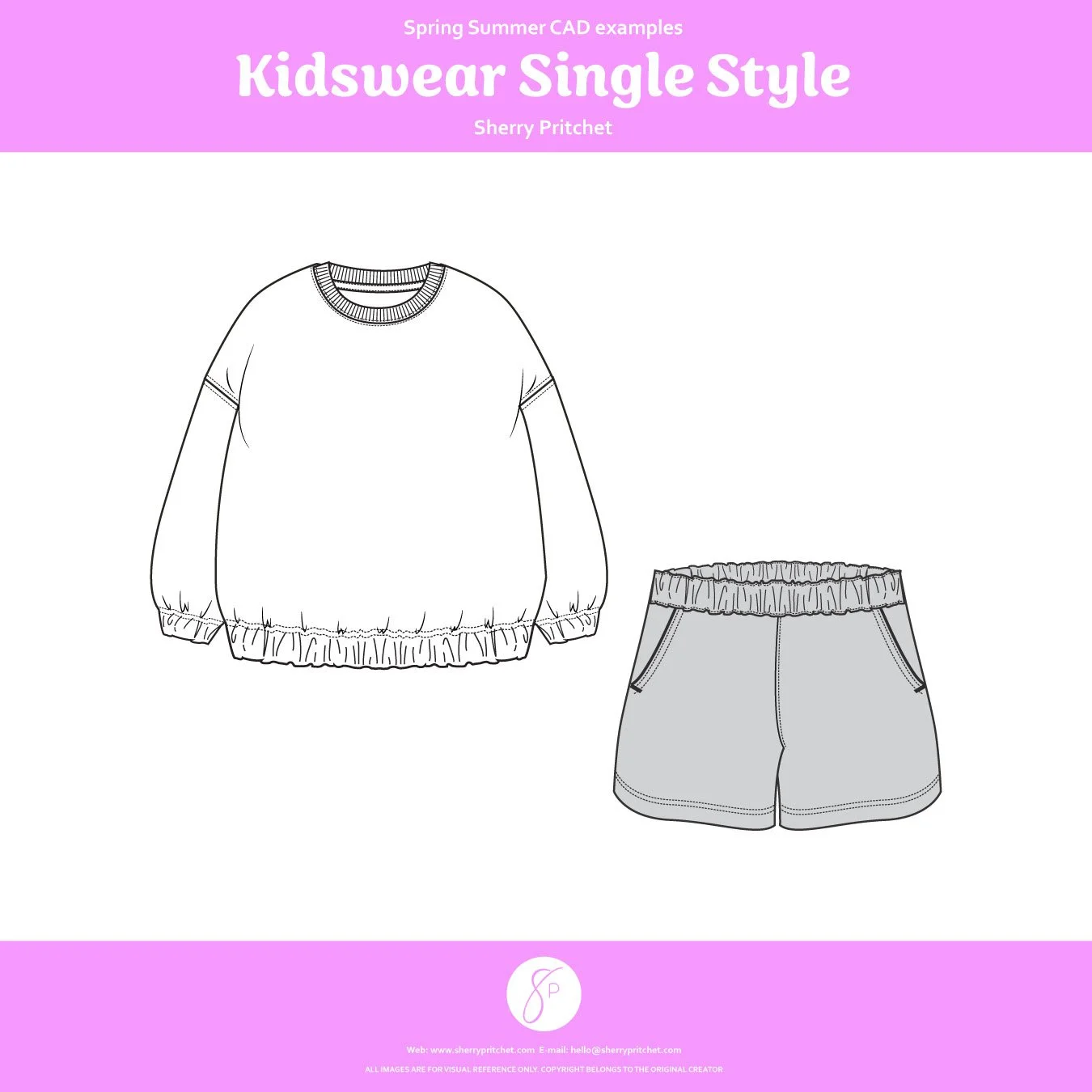 Black, white and grey CAD of sweat and shorts set garment and graphic design support package Sherry Pritchet