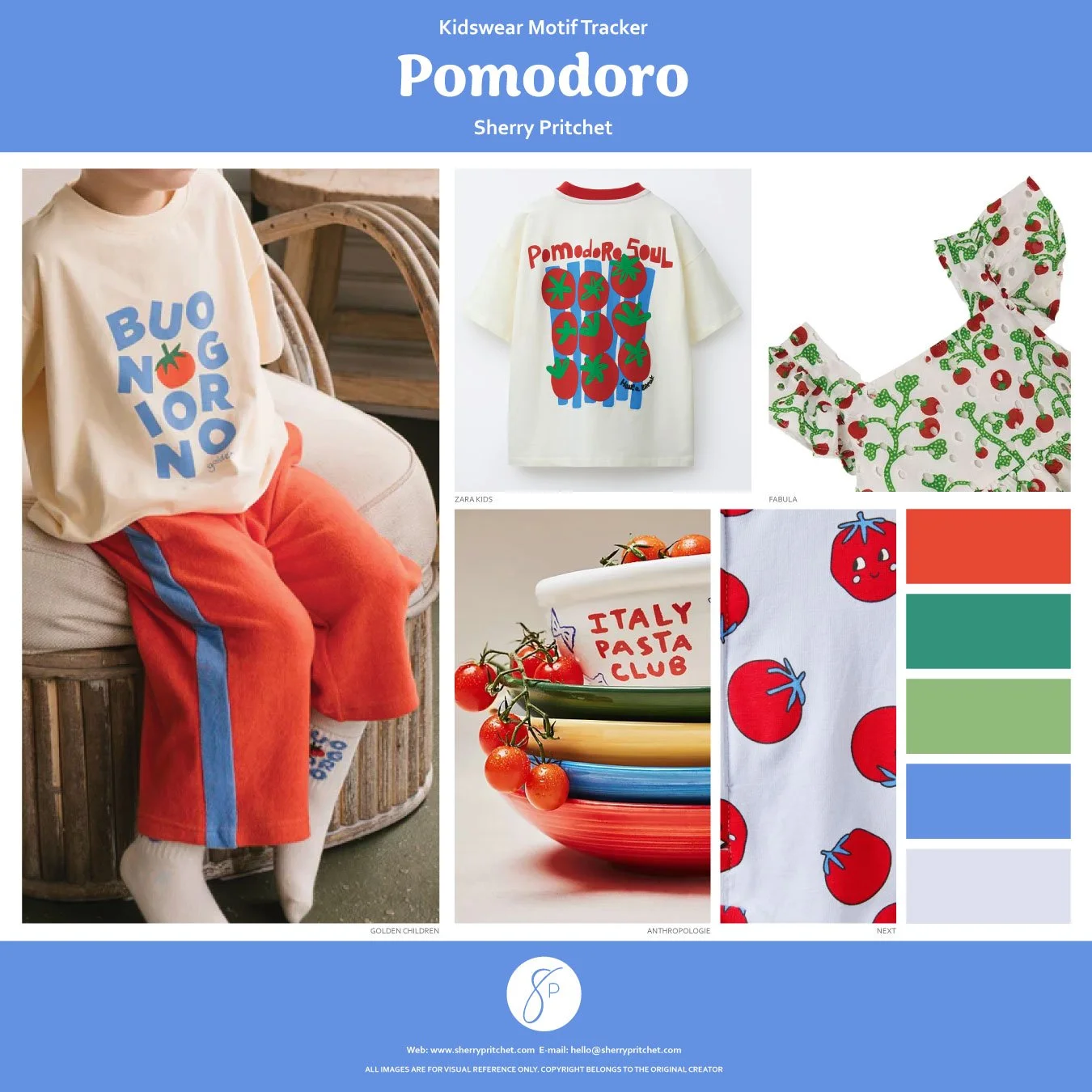 Kidswear trend board titled Pomodoro showing tomato graphics across tops, dresses and crockery in red, blues and greens
