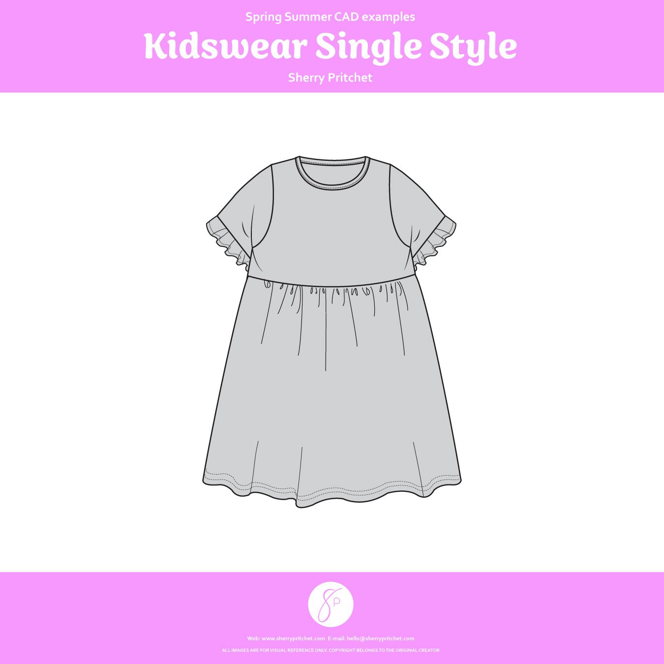 Black, white and grey CAD of frill edge short sleeved dress graphic design support package Sherry Pritchet