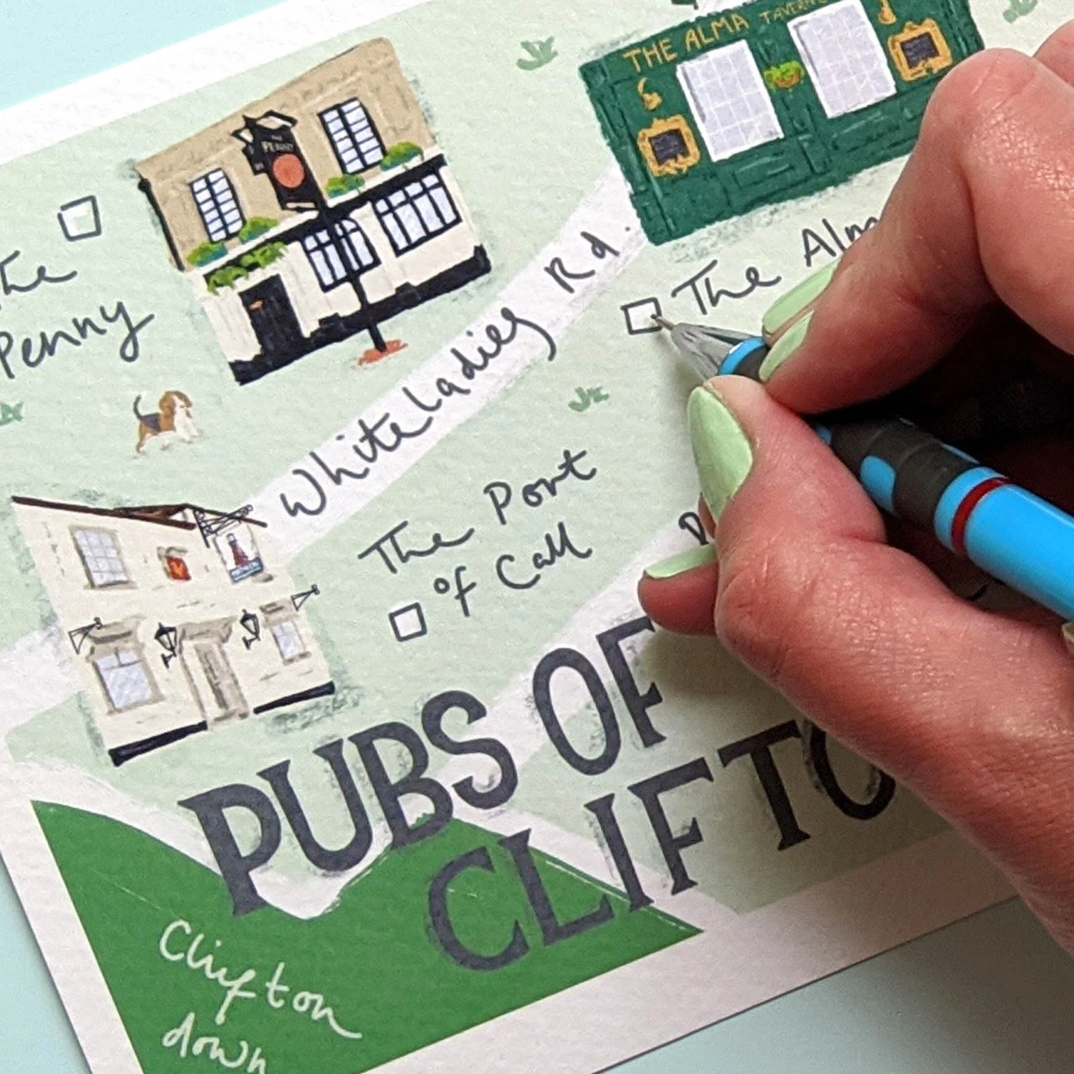 A hand illustrated map of some of the beautiful pubs in Clifton featuring a little illustrated dog, cat and squirrel