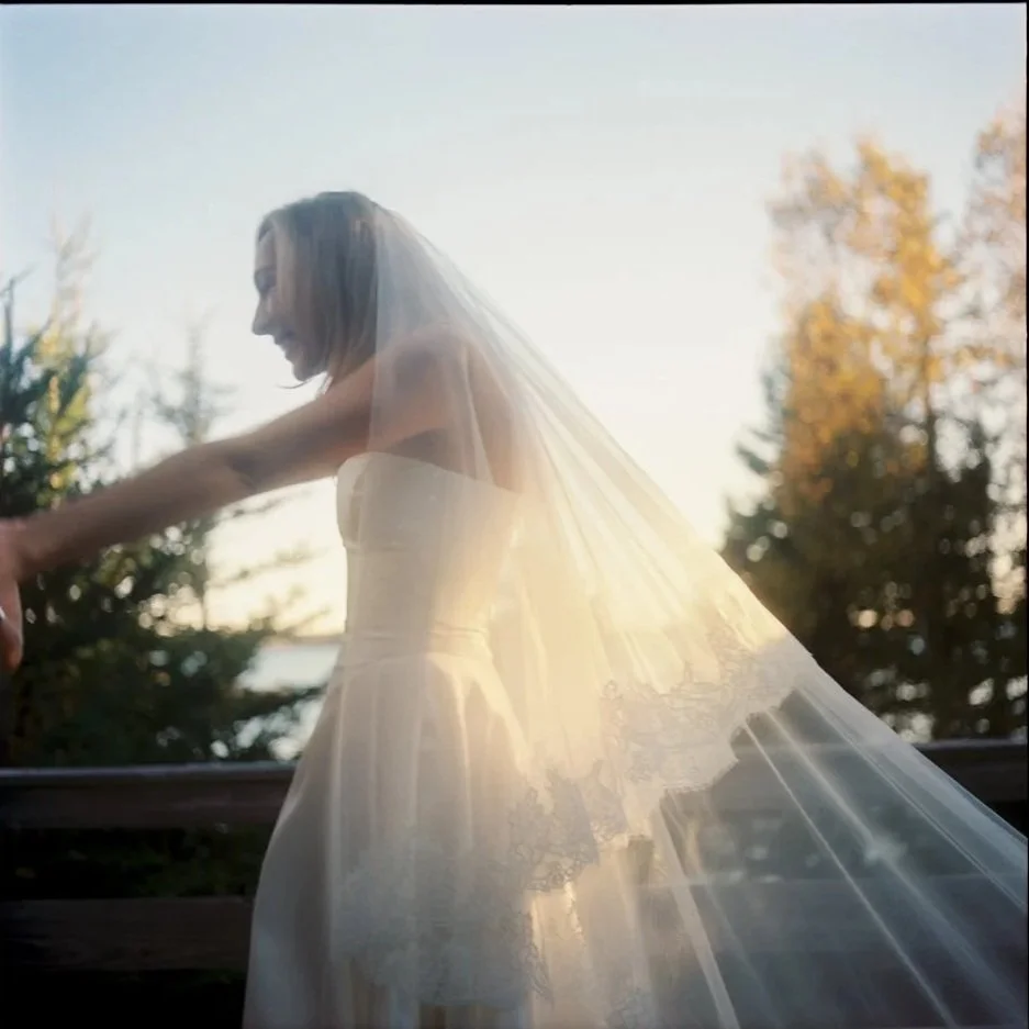 Bride in a strapless wedding dress with a long veil outdoors, reaching out with her hands, backlit by the setting sun with trees in the background. Non -traditional film wedding photographer in Maine. 