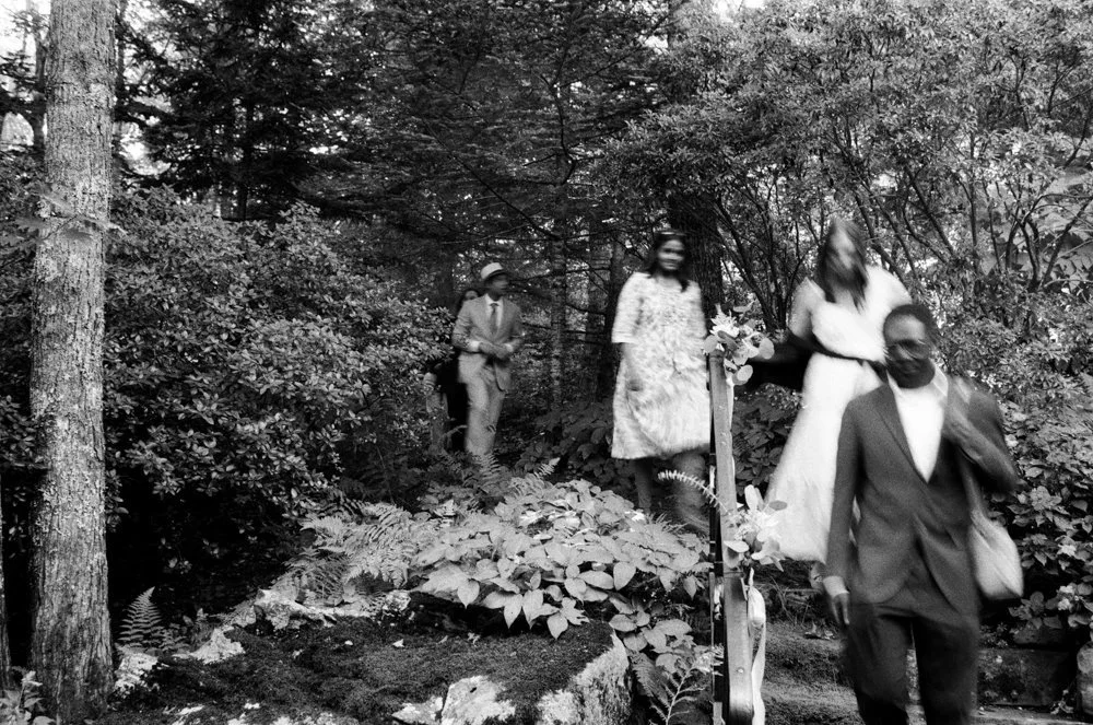 Four people walking through a forested outdoor area with trees and bushes surrounding them, two women in dresses and two men in suits.