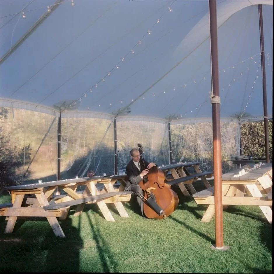 A musician playing a double bass under a large white canopy with string lights, outdoor picnic benches, and a grassy area. Non -traditional film wedding photographer in Maine.  