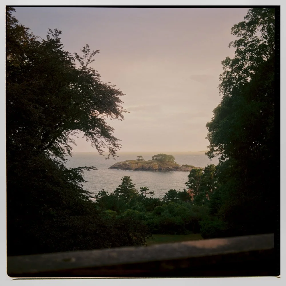 View of a small island surrounded by water, framed by trees on both sides, with an overcast sky in the background. Film wedding photographer in Maine. 