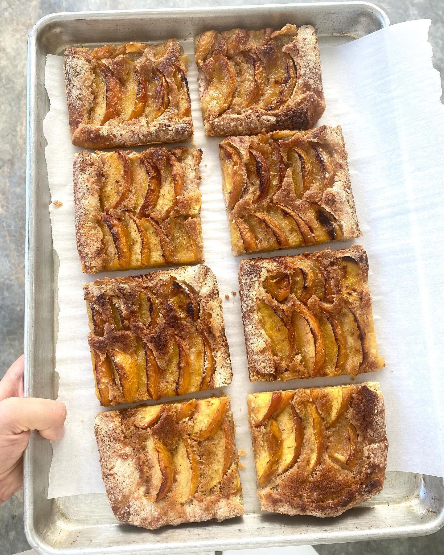 Fresh peach tart with almond frangipane, and tonka bean. It&rsquo;s peach season, if you&rsquo;re going to eat peaches, now is the time! Available now! Today only.