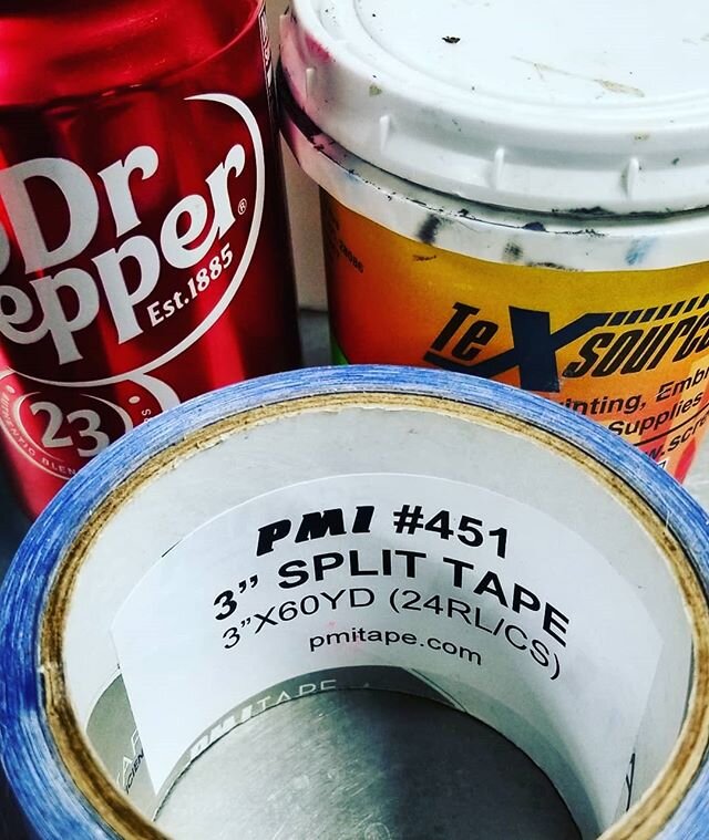 Tools of the trade.  @texsource ink make your images come to life and @pmitape keeps the ink where it belongs and yes @drpepper is an essential part of keeping the shop running smoothly when it is busy!  #screenprinting #tshirts #customapparel #texso